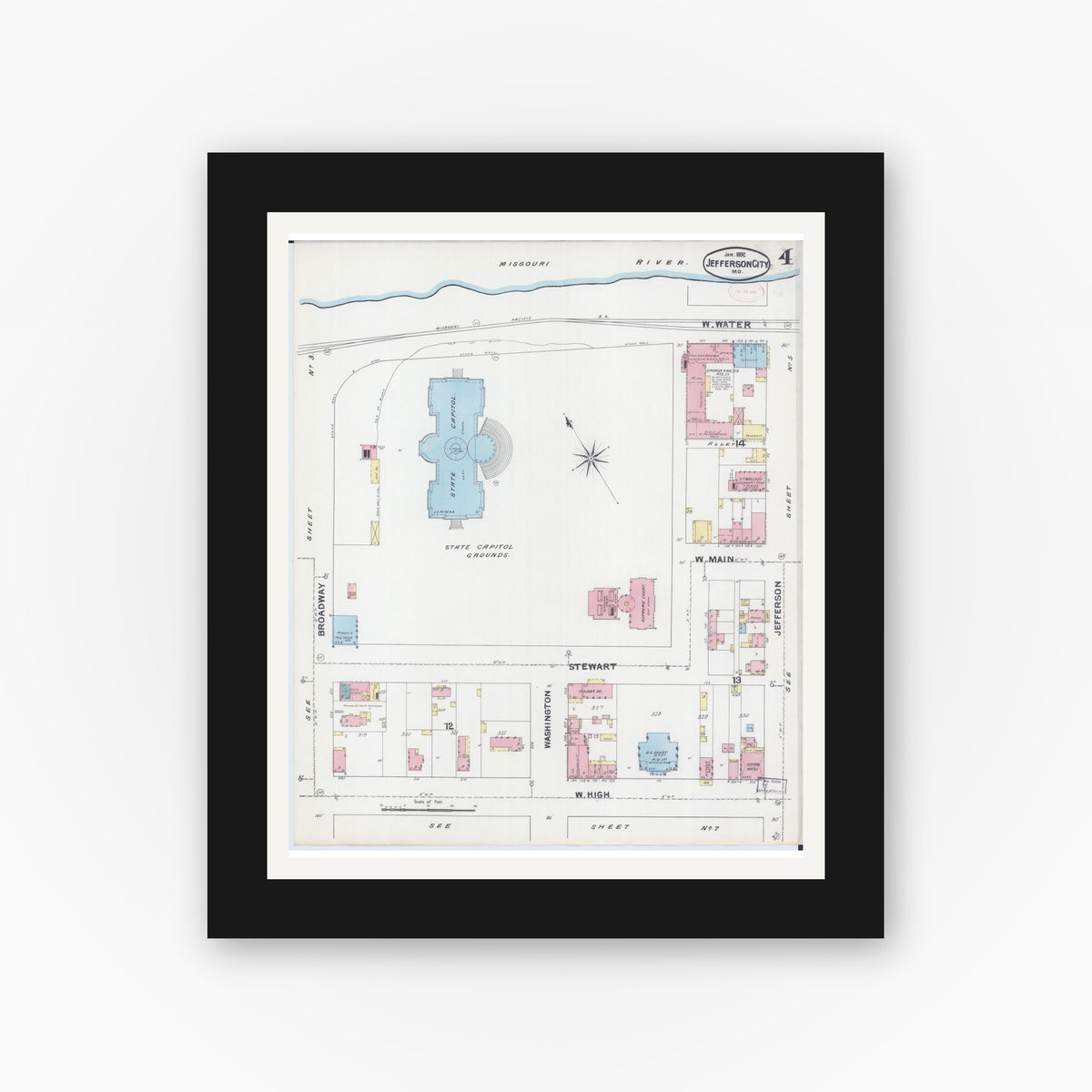 Old map wall art mockup — black gallery frame with white mat — Sanborn Fire Insurance Map from Jefferson City, Cole County, Missouri (1892), Sheet #0004