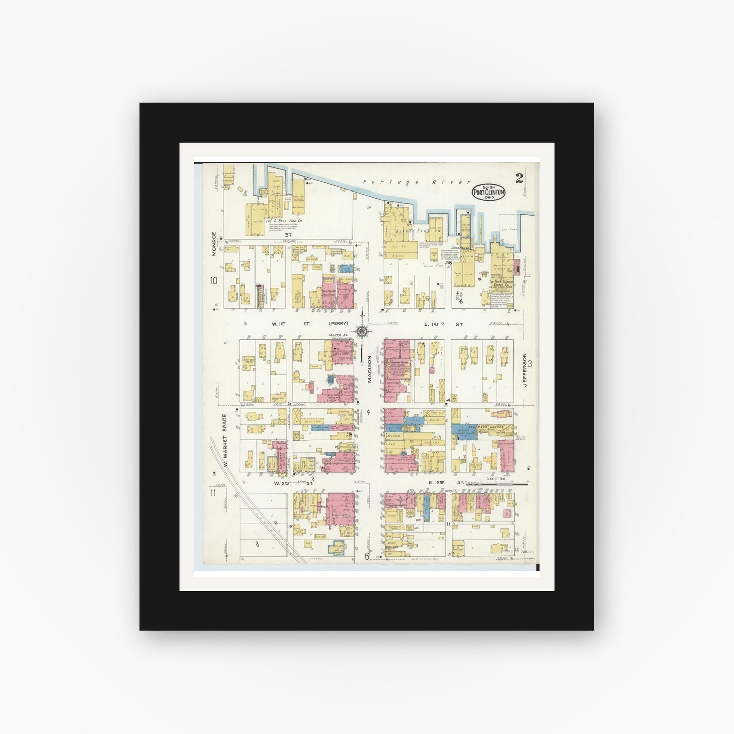 Old map wall art mockup — black gallery frame with white mat — Sanborn Fire Insurance Map from Port Clinton, Ottawa County, Ohio (1916), Sheet #0002