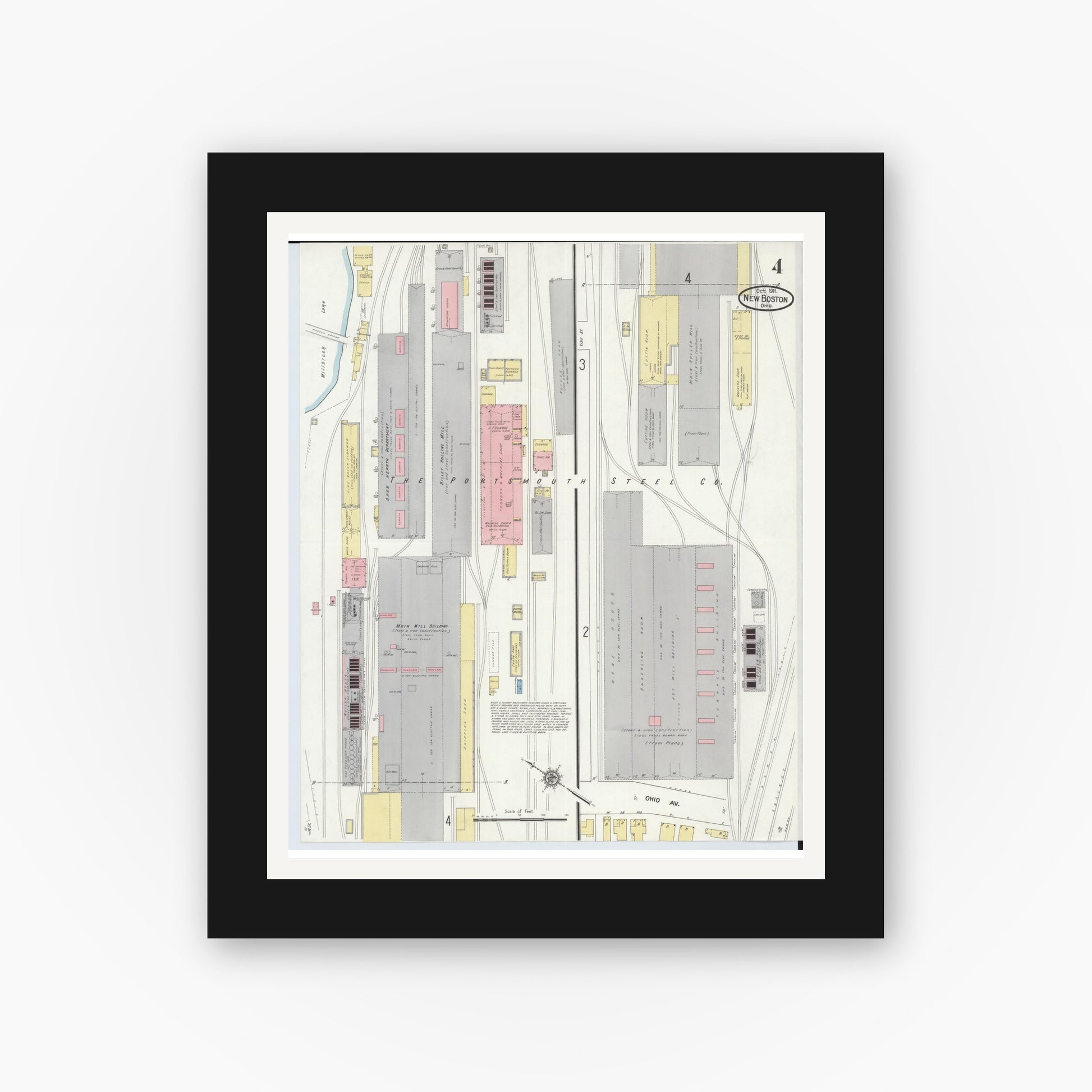 Old map wall art mockup — black gallery frame with white mat — Sanborn Fire Insurance Map from New Boston, Scioto County, Ohio (1911), Sheet #0004