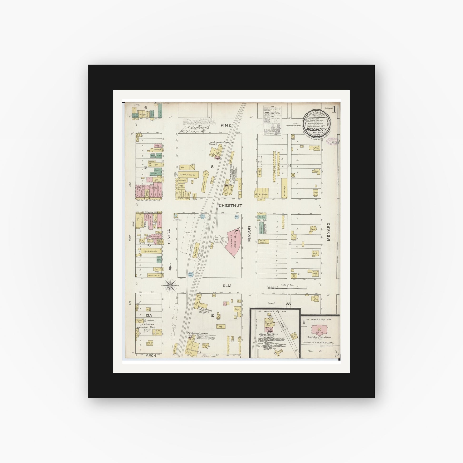 Old map wall art mockup — black gallery frame with white mat — Sanborn Fire Insurance Map from Mason City, Mason County, Illinois (1887), Sheet #0001