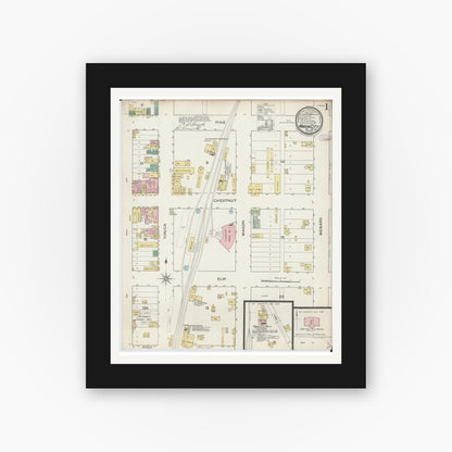 Old map wall art mockup — black gallery frame with white mat — Sanborn Fire Insurance Map from Mason City, Mason County, Illinois (1887), Sheet #0001