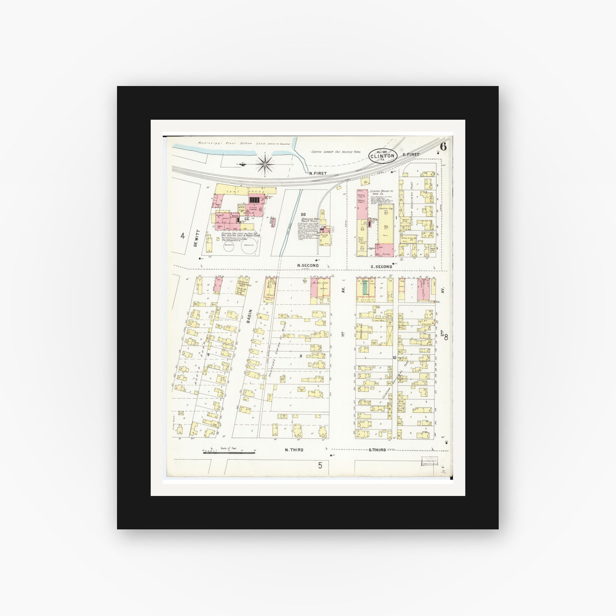Old map wall art mockup — black gallery frame with white mat — Sanborn Fire Insurance Map from Clinton, Clinton County, Iowa (1897), Sheet #0006
