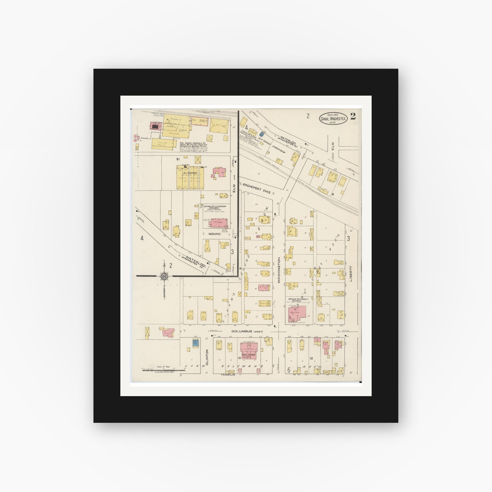 Old map wall art mockup — black gallery frame with white mat — Sanborn Fire Insurance Map from Canal Winchester, Franklin County, Ohio (1922), Sheet #0002