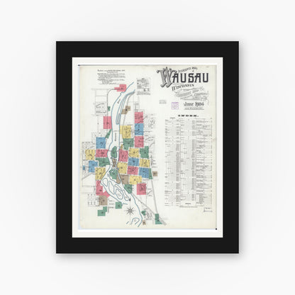Old map wall art mockup — black gallery frame with white mat — Sanborn Fire Insurance Map from Wausau, Marathon County, Wisconsin (1904) - Complete Map Set