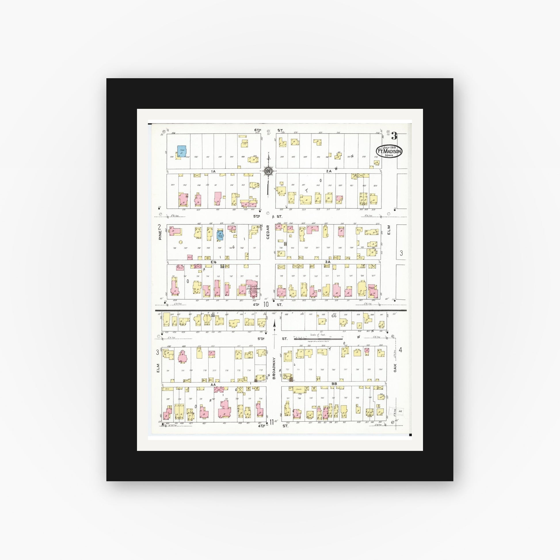 Old map wall art mockup — black gallery frame with white mat — Sanborn Fire Insurance Map from Fort Madison, Lee County, Iowa (1919), Sheet #0003
