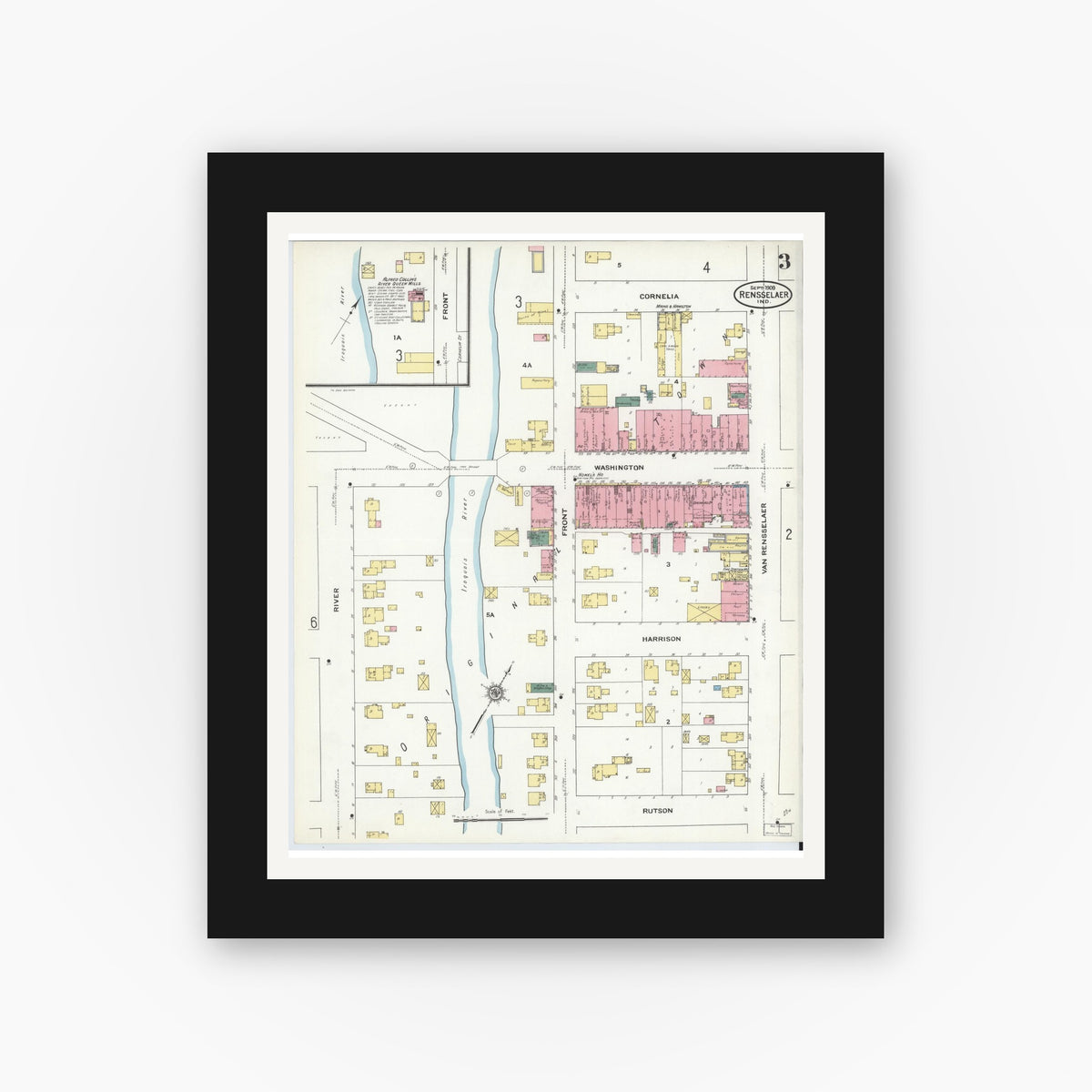 Old map wall art mockup — black gallery frame with white mat — Sanborn Fire Insurance Map from Rensselaer, Jasper County, Indiana (1909), Sheet #0003