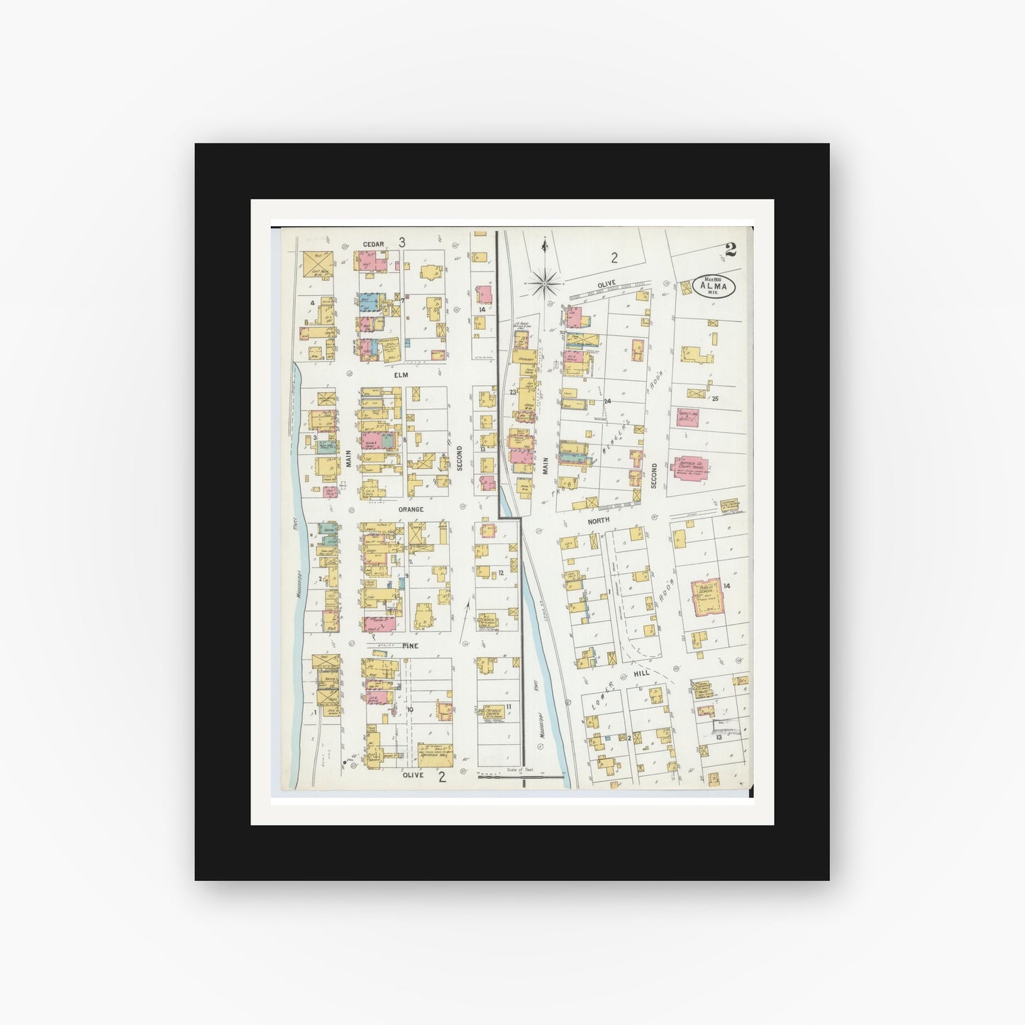 Old map wall art mockup — black gallery frame with white mat — Sanborn Fire Insurance Map from Alma, Buffalo County, Wisconsin (1900), Sheet #0002