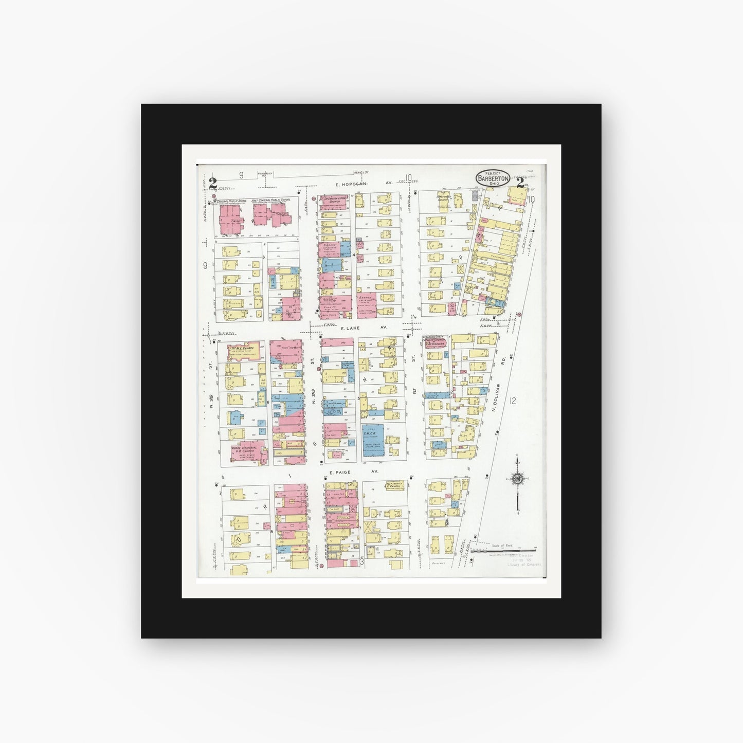 Old map wall art mockup — black gallery frame with white mat — Sanborn Fire Insurance Map from Barberton, Summit County, Ohio (1927), Sheet #0002