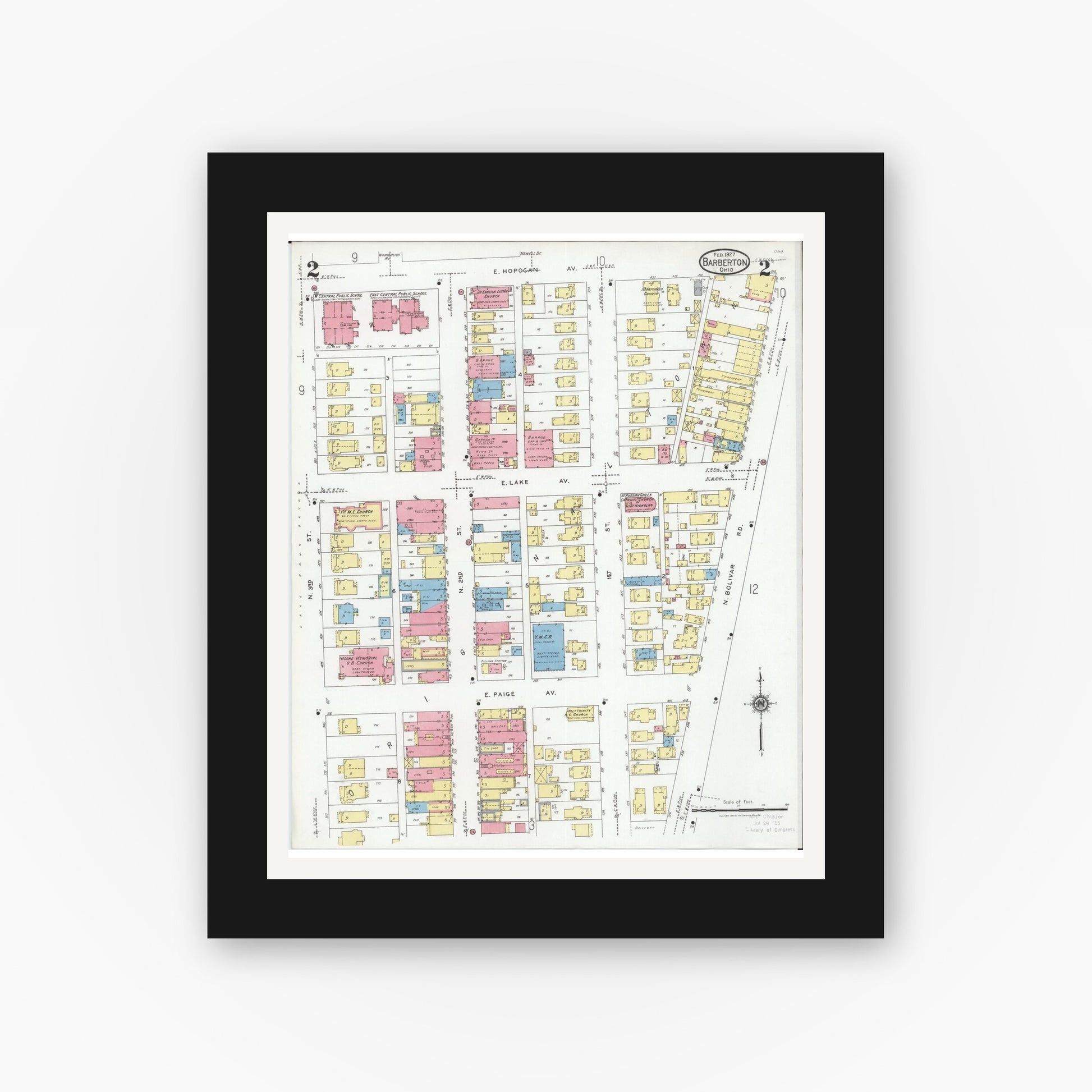 Old map wall art mockup — black gallery frame with white mat — Sanborn Fire Insurance Map from Barberton, Summit County, Ohio (1927), Sheet #0002