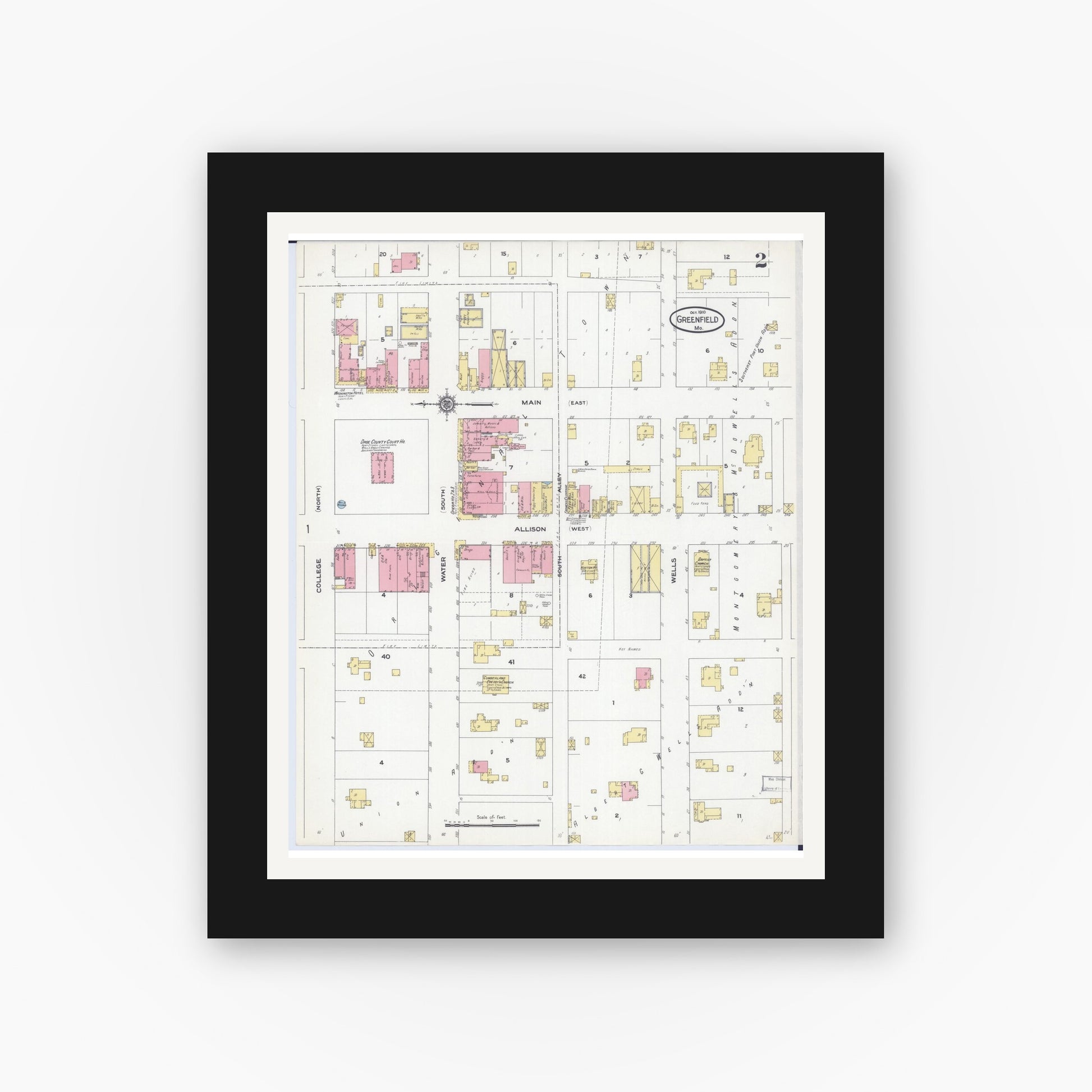 Old map wall art mockup — black gallery frame with white mat — Sanborn Fire Insurance Map from Greenfield, Dade County, Missouri (1910), Sheet #0002