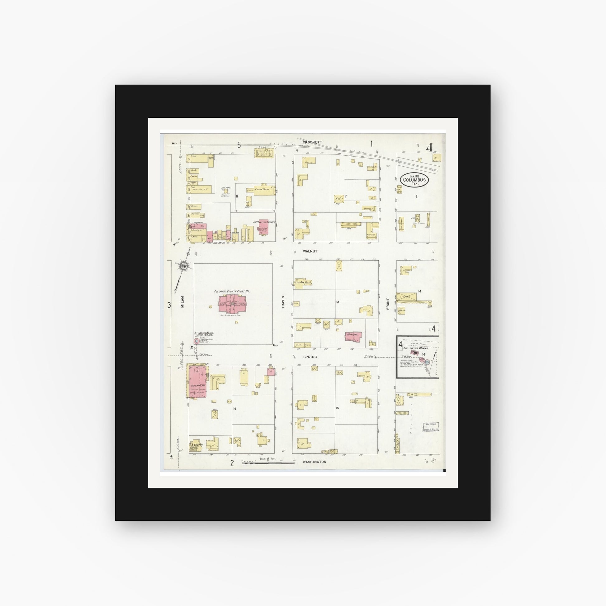 Old map wall art mockup — black gallery frame with white mat — Sanborn Fire Insurance Map from Columbus, Colorado County, Texas (1912), Sheet #0004