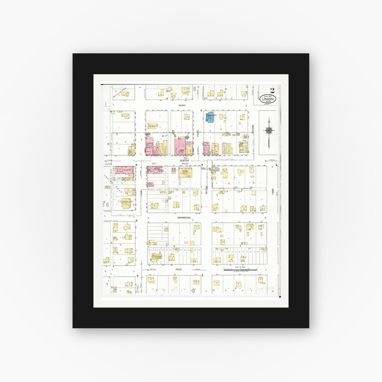 Old map wall art mockup — black gallery frame with white mat — Sanborn Fire Insurance Map from Union, Hardin County, Iowa (1921), Sheet #0002