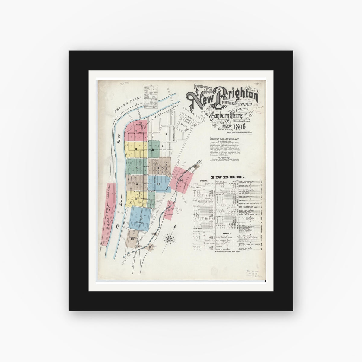 Old map wall art mockup — black gallery frame with white mat — Sanborn Fire Insurance Map from New Brighton, Beaver County, Pennsylvania (1896), Sheet #0001