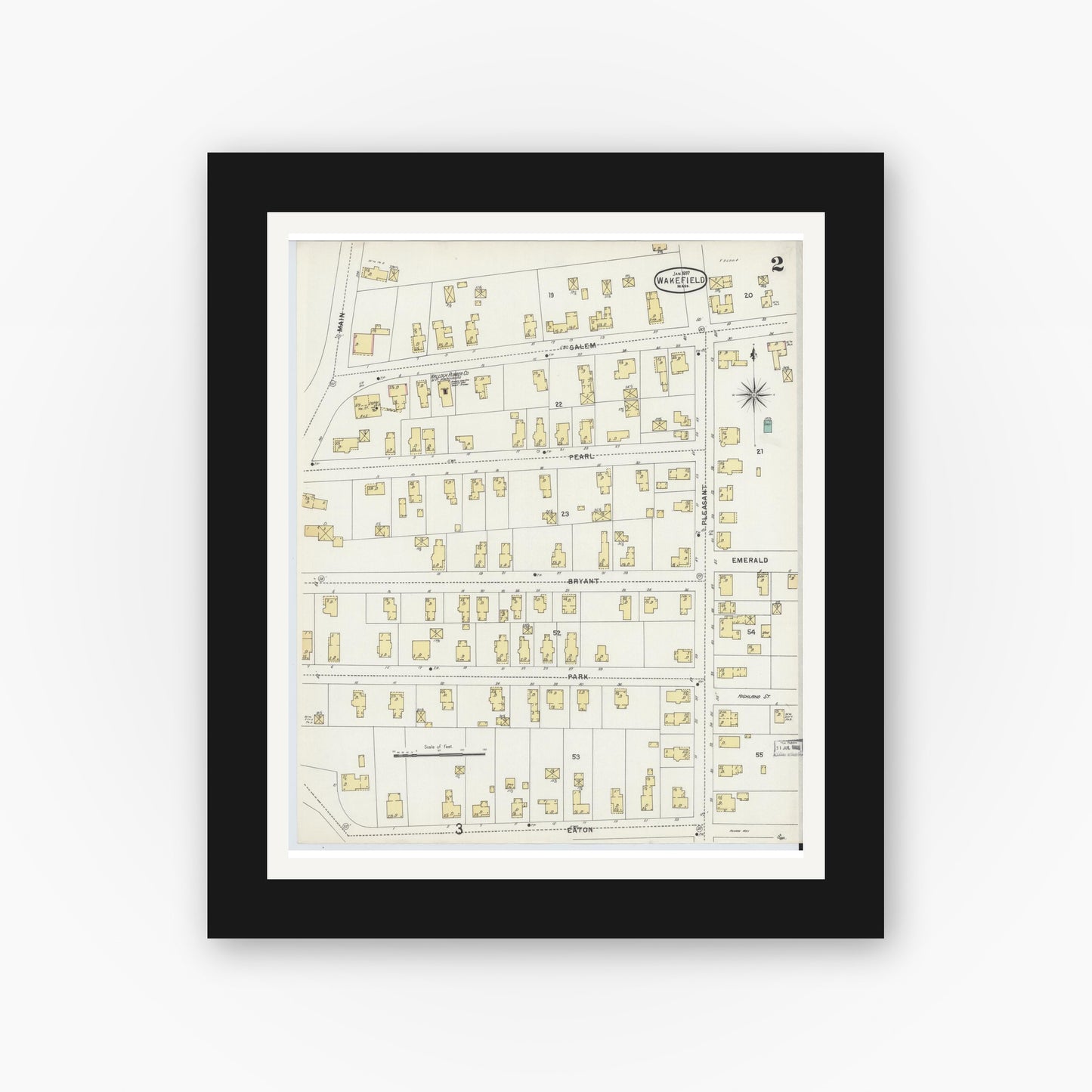 Old map wall art mockup — black gallery frame with white mat — Sanborn Fire Insurance Map from Wakefield, Middlesex County, Massachusetts (1897), Sheet #0002