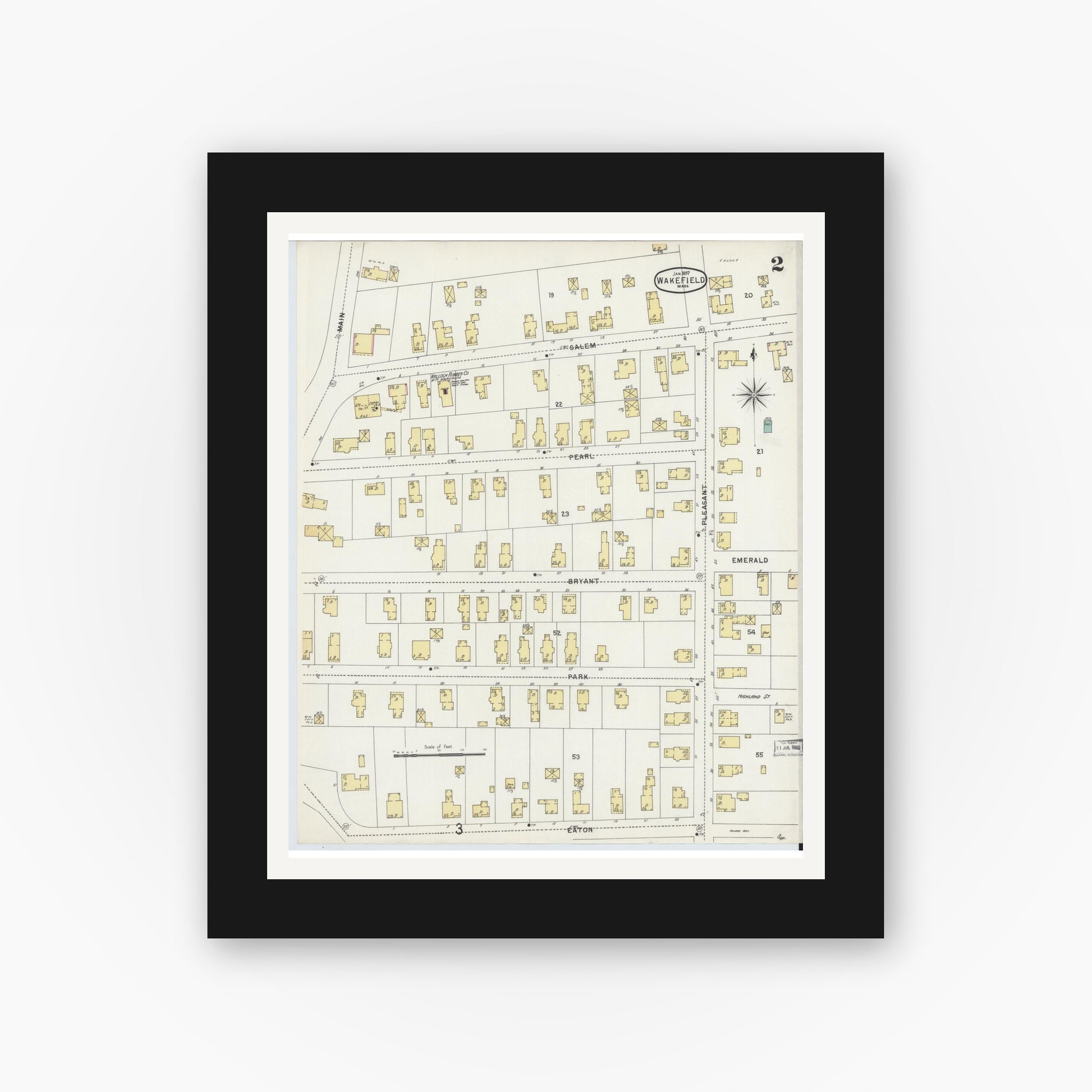 Old map wall art mockup — black gallery frame with white mat — Sanborn Fire Insurance Map from Wakefield, Middlesex County, Massachusetts (1897), Sheet #0002