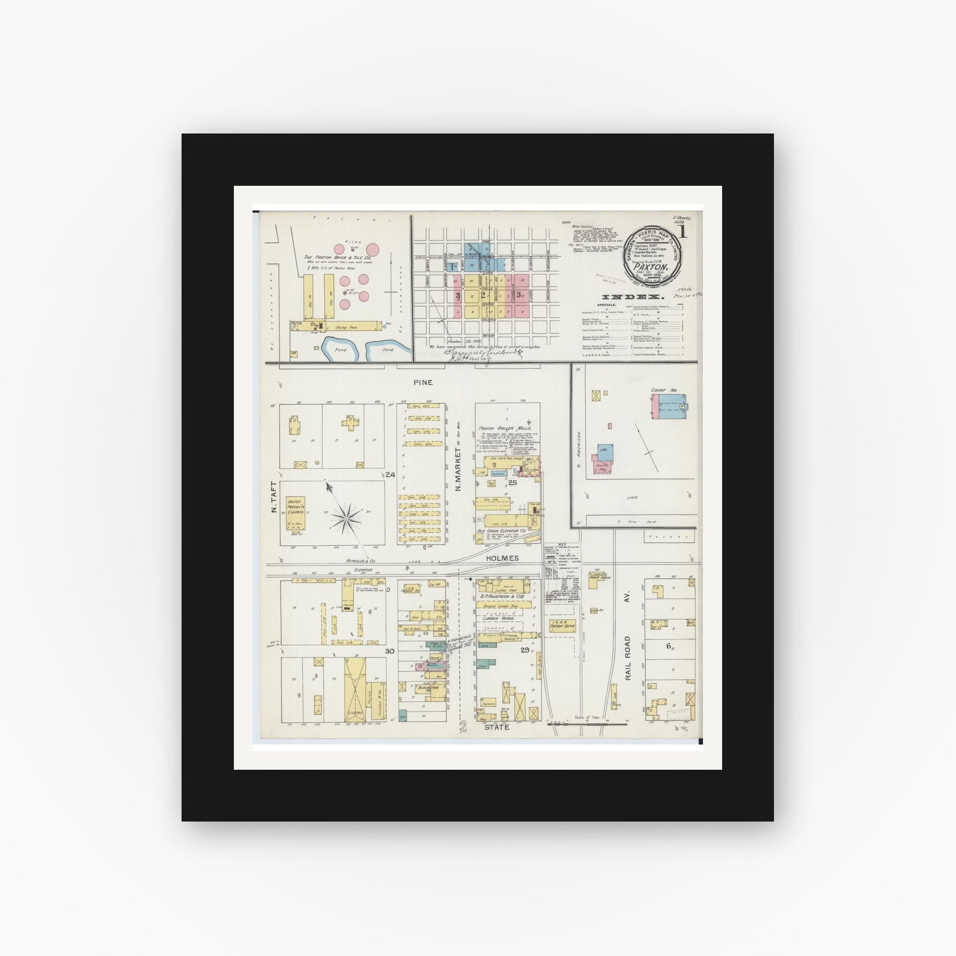 Old map wall art mockup — black gallery frame with white mat — Sanborn Fire Insurance Map from Paxton, Ford County, Illinois (1892) - Complete Map Set