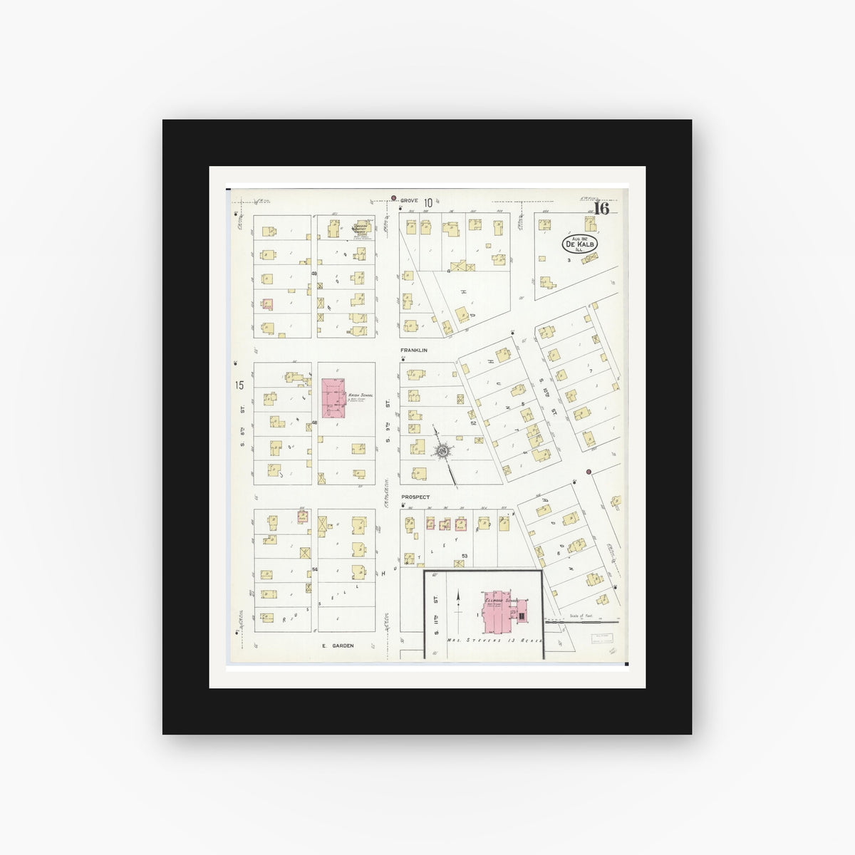 Old map wall art mockup — black gallery frame with white mat — Sanborn Fire Insurance Map from De Kalb, De Kalb County, Illinois (1912), Sheet #0016