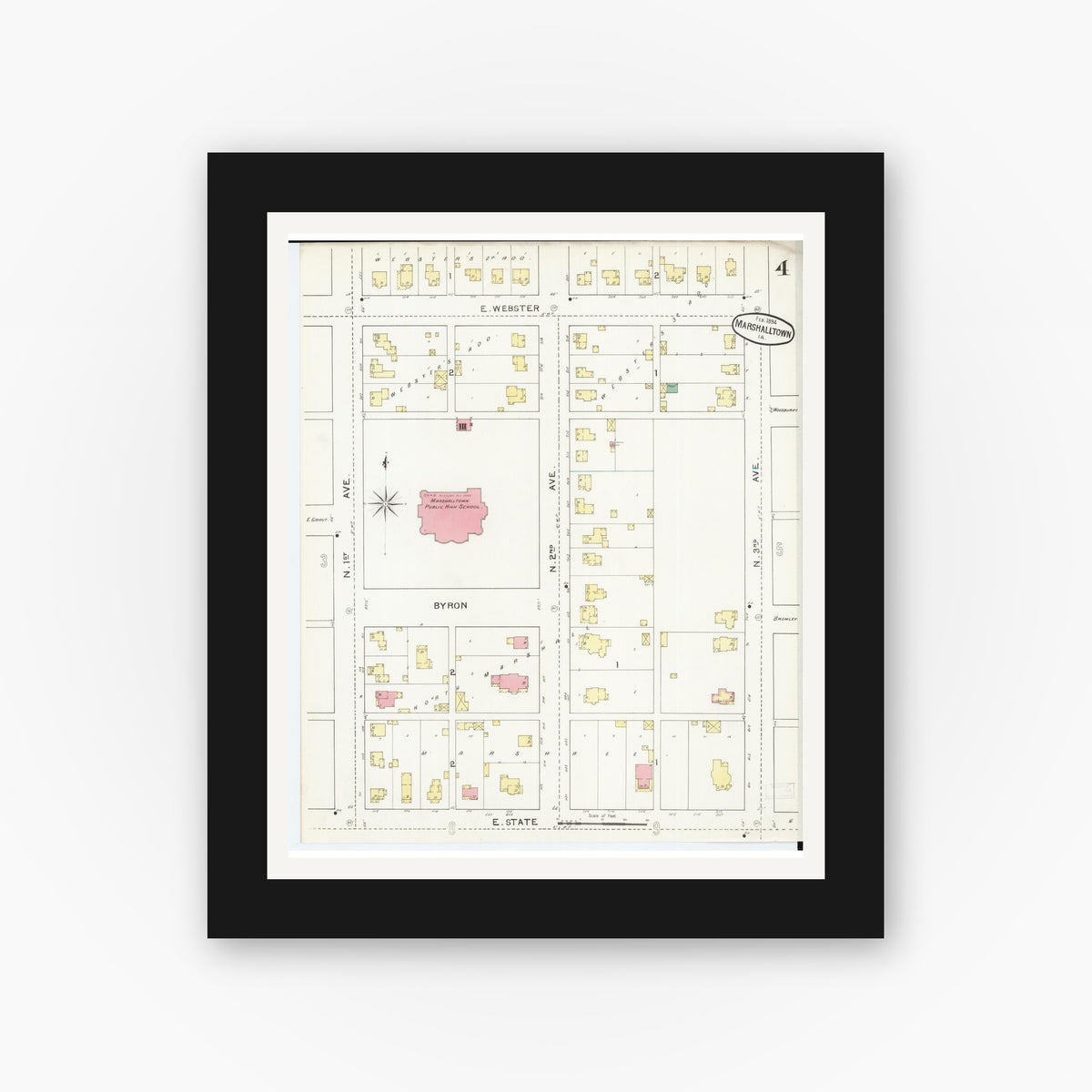 Old map wall art mockup — black gallery frame with white mat — Sanborn Fire Insurance Map from Marshalltown, Marshall County, Iowa (1894), Sheet #0004