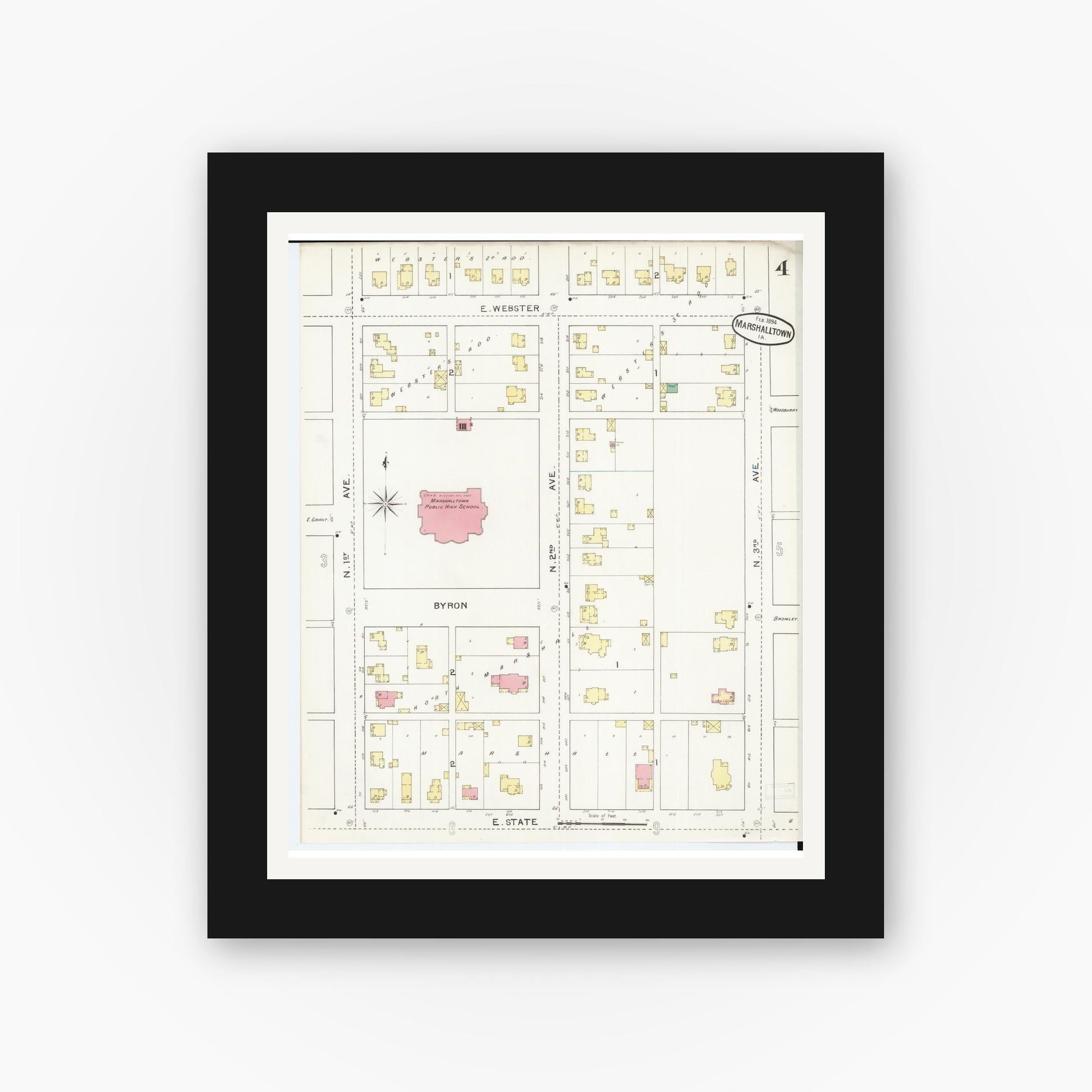 Old map wall art mockup — black gallery frame with white mat — Sanborn Fire Insurance Map from Marshalltown, Marshall County, Iowa (1894), Sheet #0004
