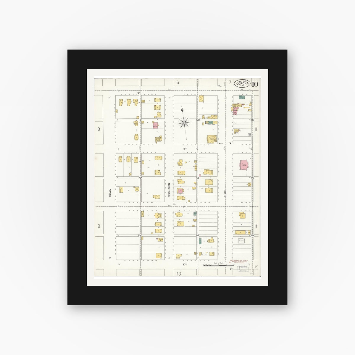 Old map wall art mockup — black gallery frame with white mat — Sanborn Fire Insurance Map from Corona, Riverside County, California (1907), Sheet #0010