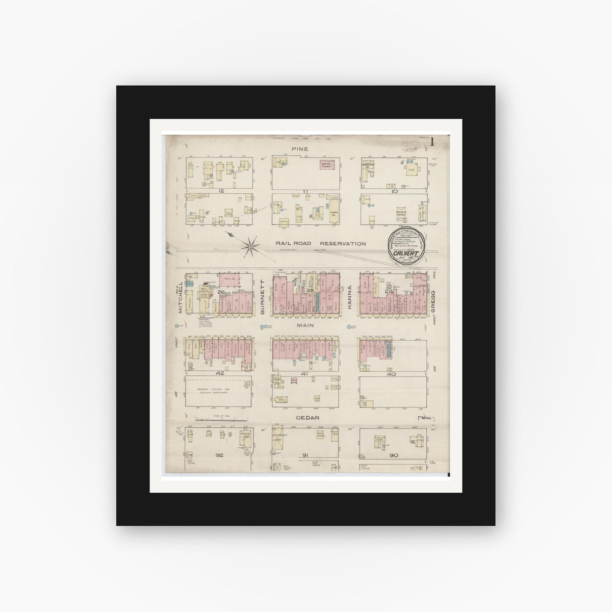 Old map wall art mockup — black gallery frame with white mat — Sanborn Fire Insurance Map from Calvert, Robertson County, Texas (1885) - Complete Map Set