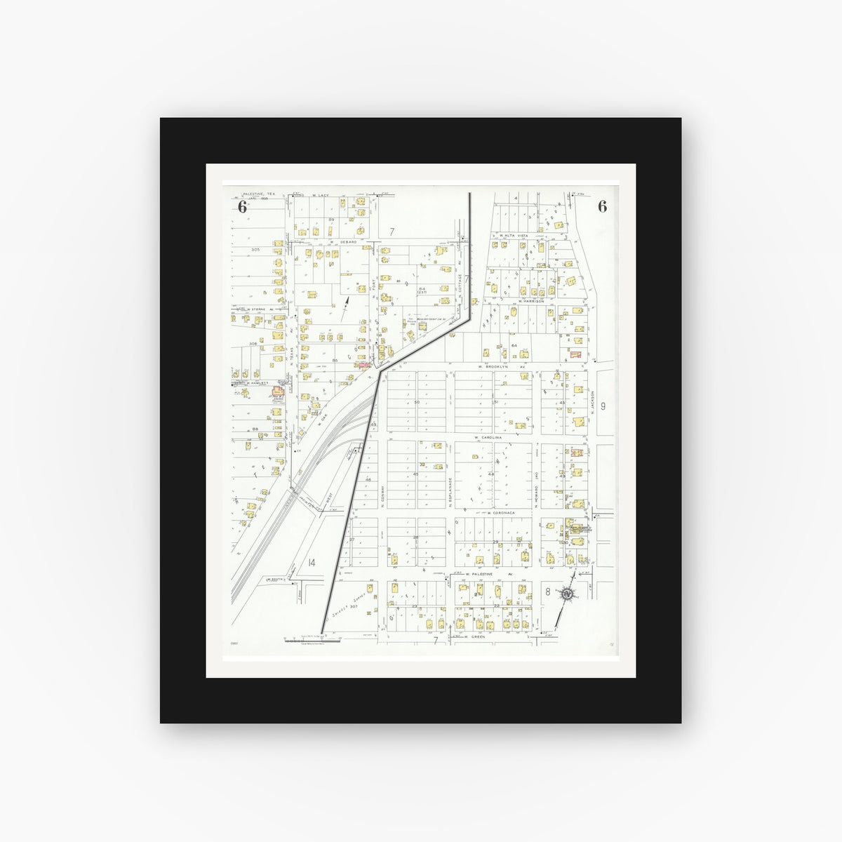 Old map wall art mockup — black gallery frame with white mat — Sanborn Fire Insurance Map from Palestine, Anderson County, Texas (1935), Sheet #0006