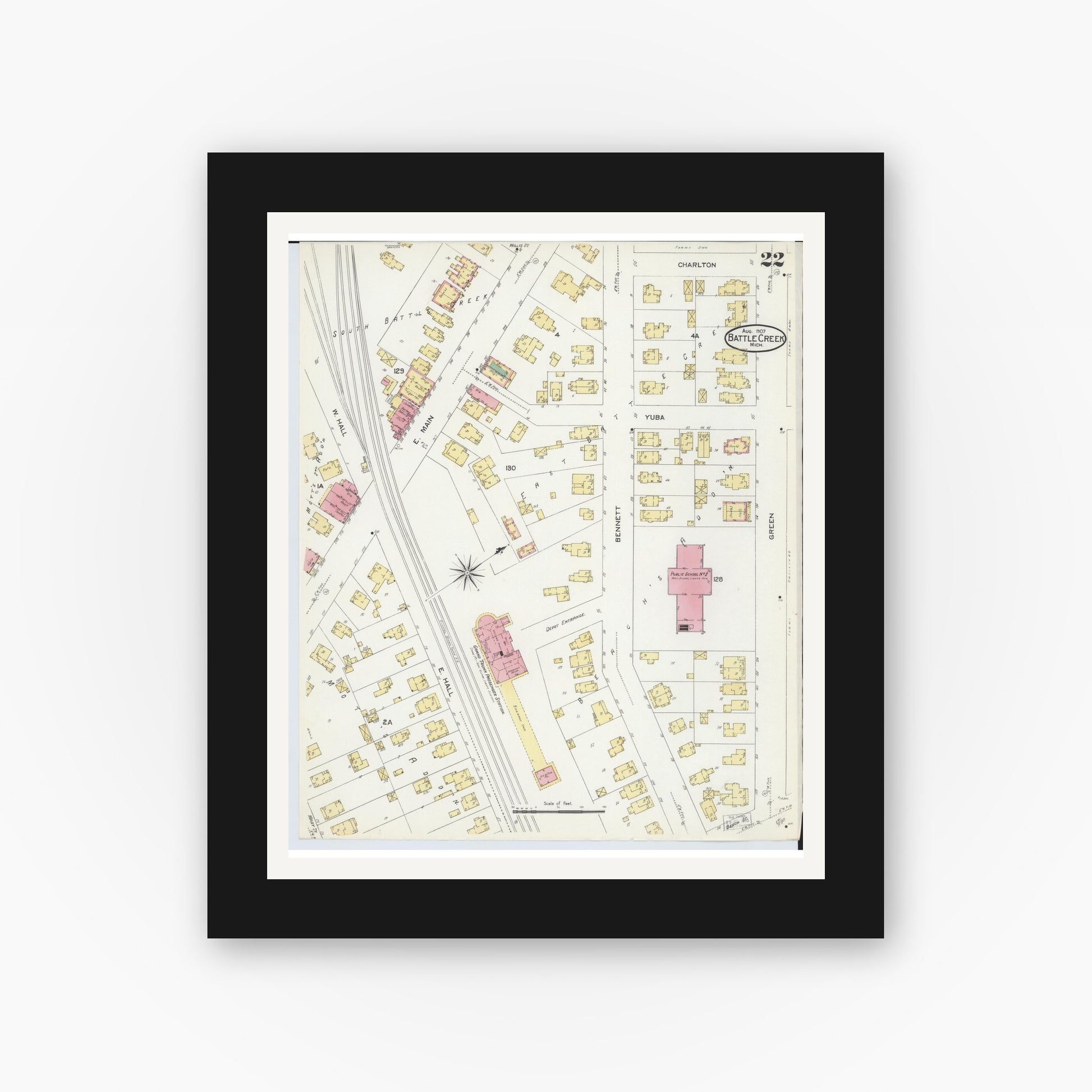 Old map wall art mockup — black gallery frame with white mat — Sanborn Fire Insurance Map from Battle Creek, Calhoun County, Michigan (1907), Sheet #0022