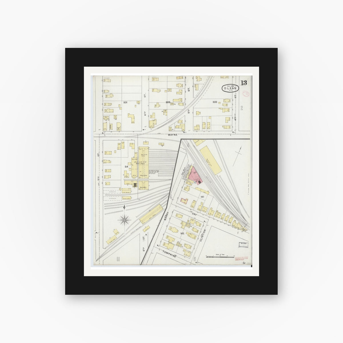 Old map wall art mockup — black gallery frame with white mat — Sanborn Fire Insurance Map from Olean, Cattaraugus County, New York (1894), Sheet #0013