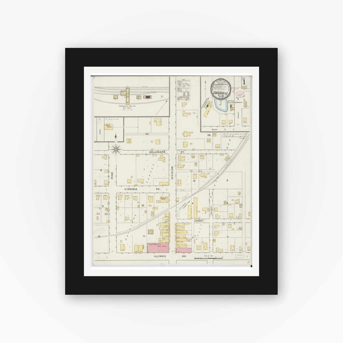 Old map wall art mockup — black gallery frame with white mat — Sanborn Fire Insurance Map from Carterville, Williamson County, Illinois (1894) - Complete Map Set
