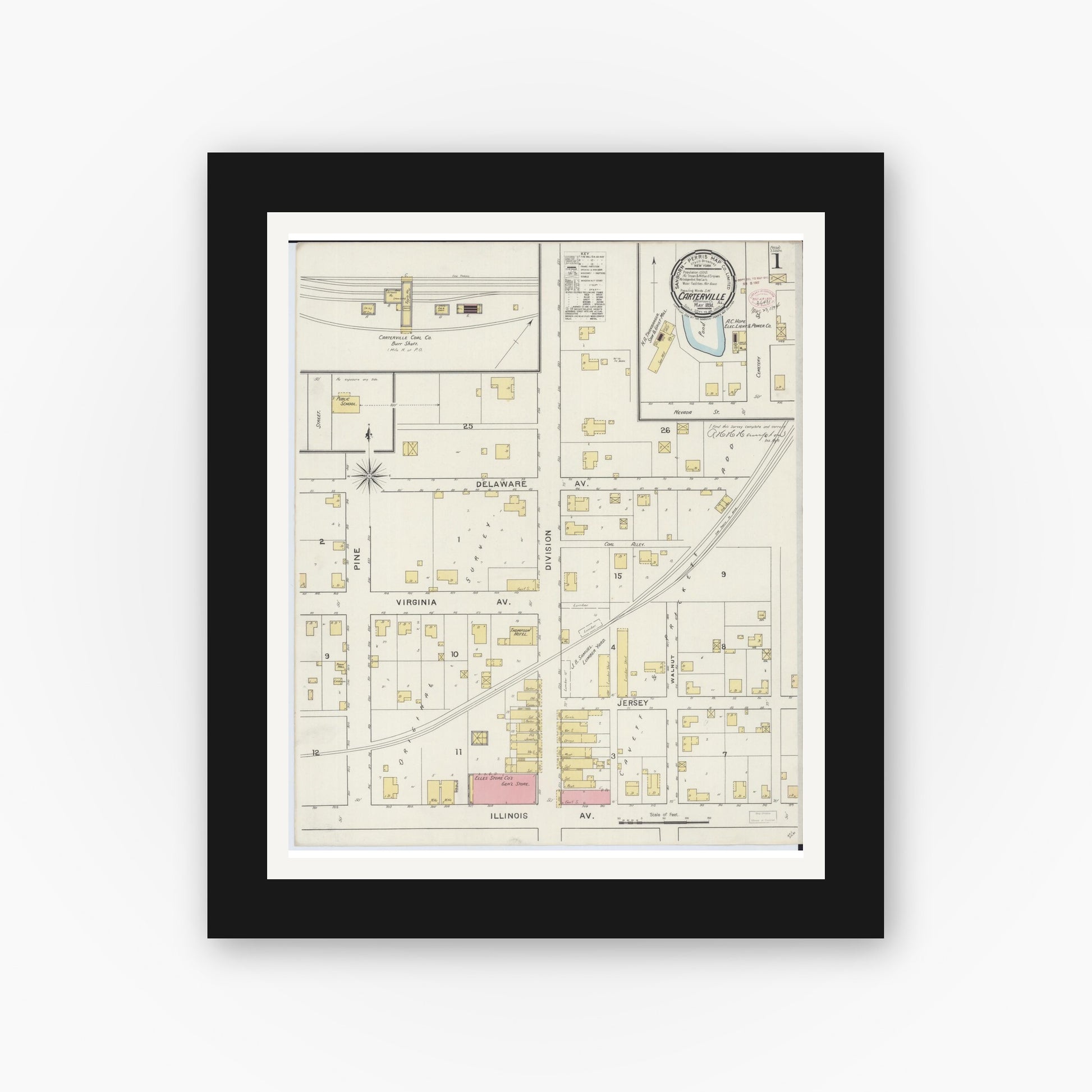 Old map wall art mockup — black gallery frame with white mat — Sanborn Fire Insurance Map from Carterville, Williamson County, Illinois (1894) - Complete Map Set