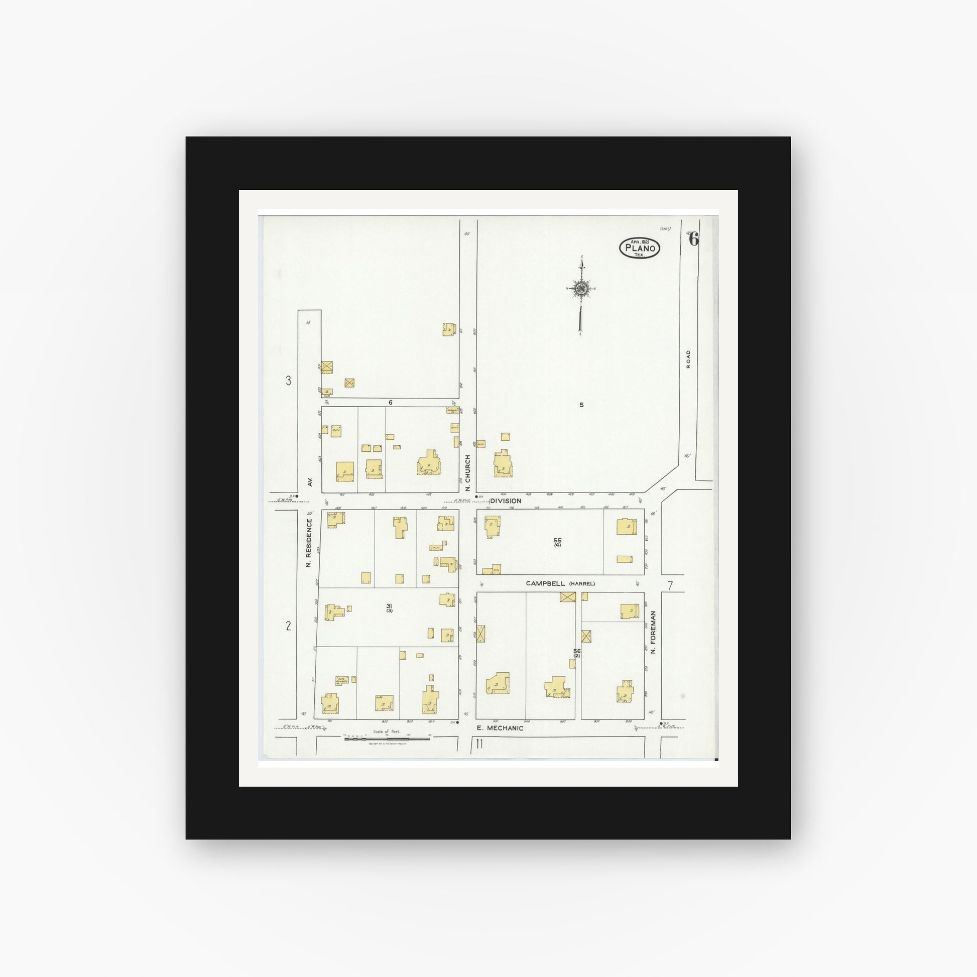 Old map wall art mockup — black gallery frame with white mat — Sanborn Fire Insurance Map from Plano, Collin County, Texas (1921), Sheet #0006