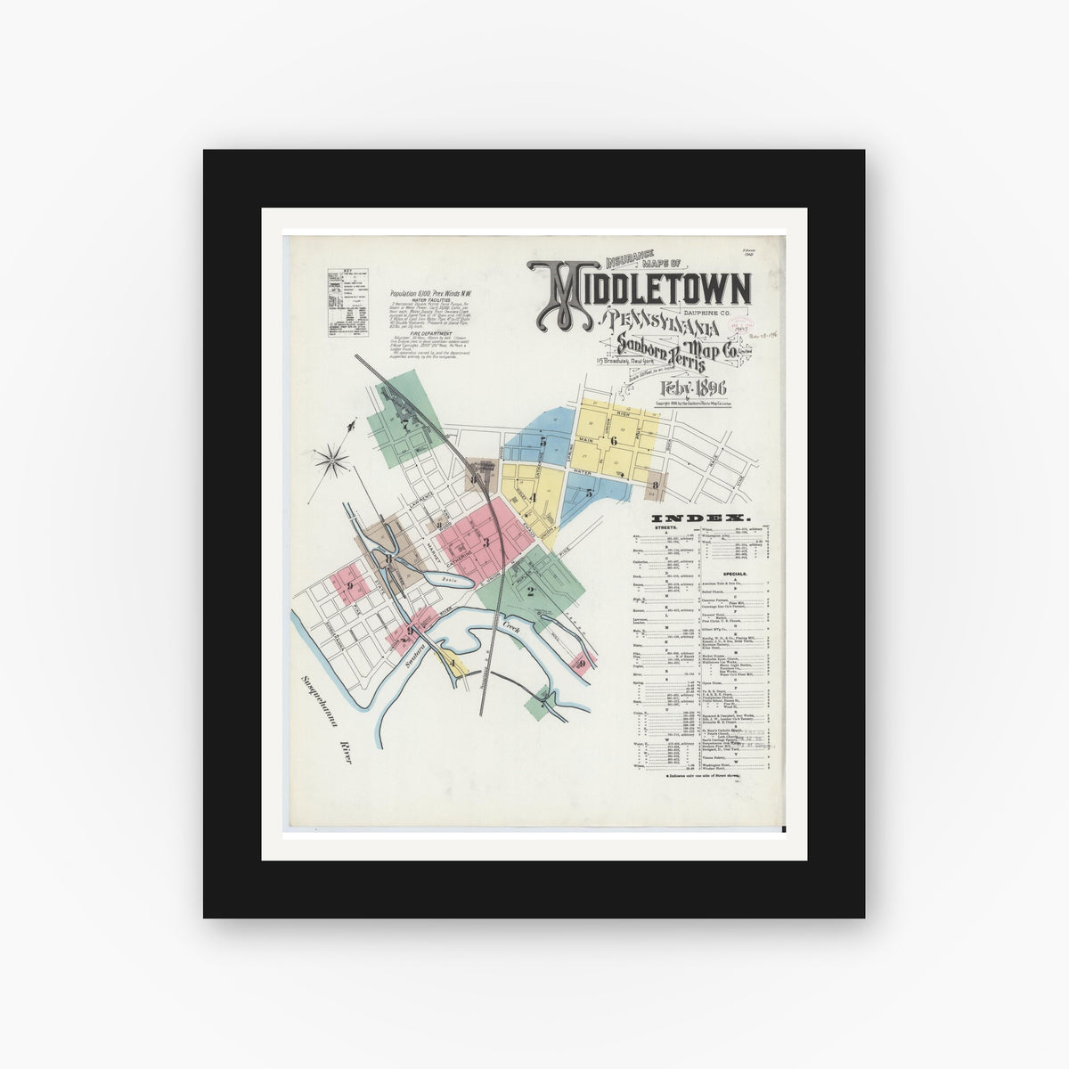 Old map wall art mockup — black gallery frame with white mat — Sanborn Fire Insurance Map from Middletown, Dauphin County, Pennsylvania (1896) - Complete Map Set