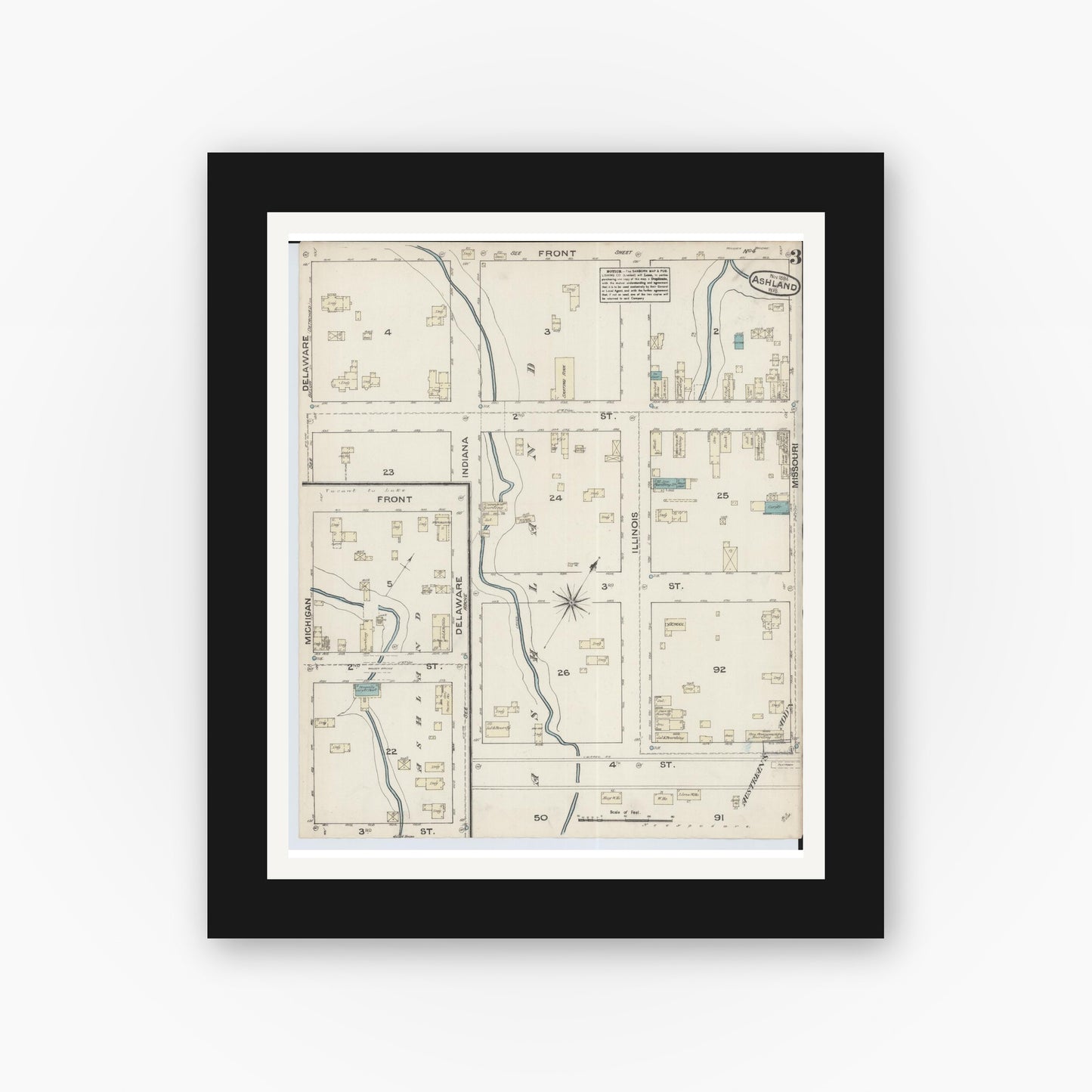 Old map wall art mockup — black gallery frame with white mat — Sanborn Fire Insurance Map from Ashland, Ashland County, Wisconsin (1884), Sheet #0003