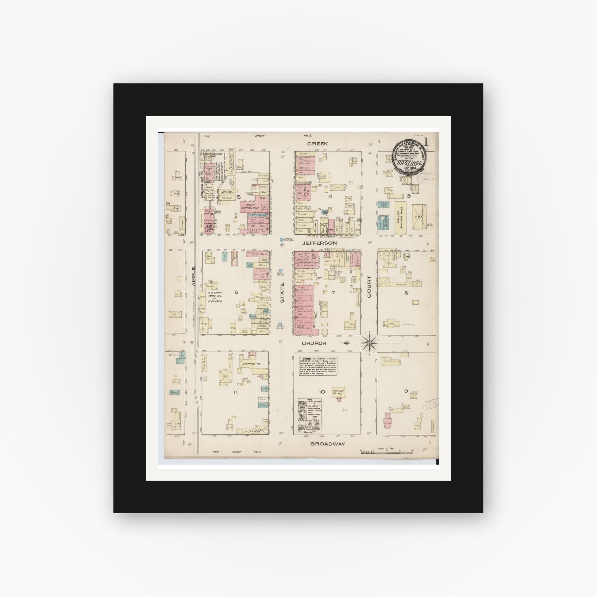 Old map wall art mockup — black gallery frame with white mat — Sanborn Fire Insurance Map from Hastings, Barry County, Michigan (1884) - Complete Map Set