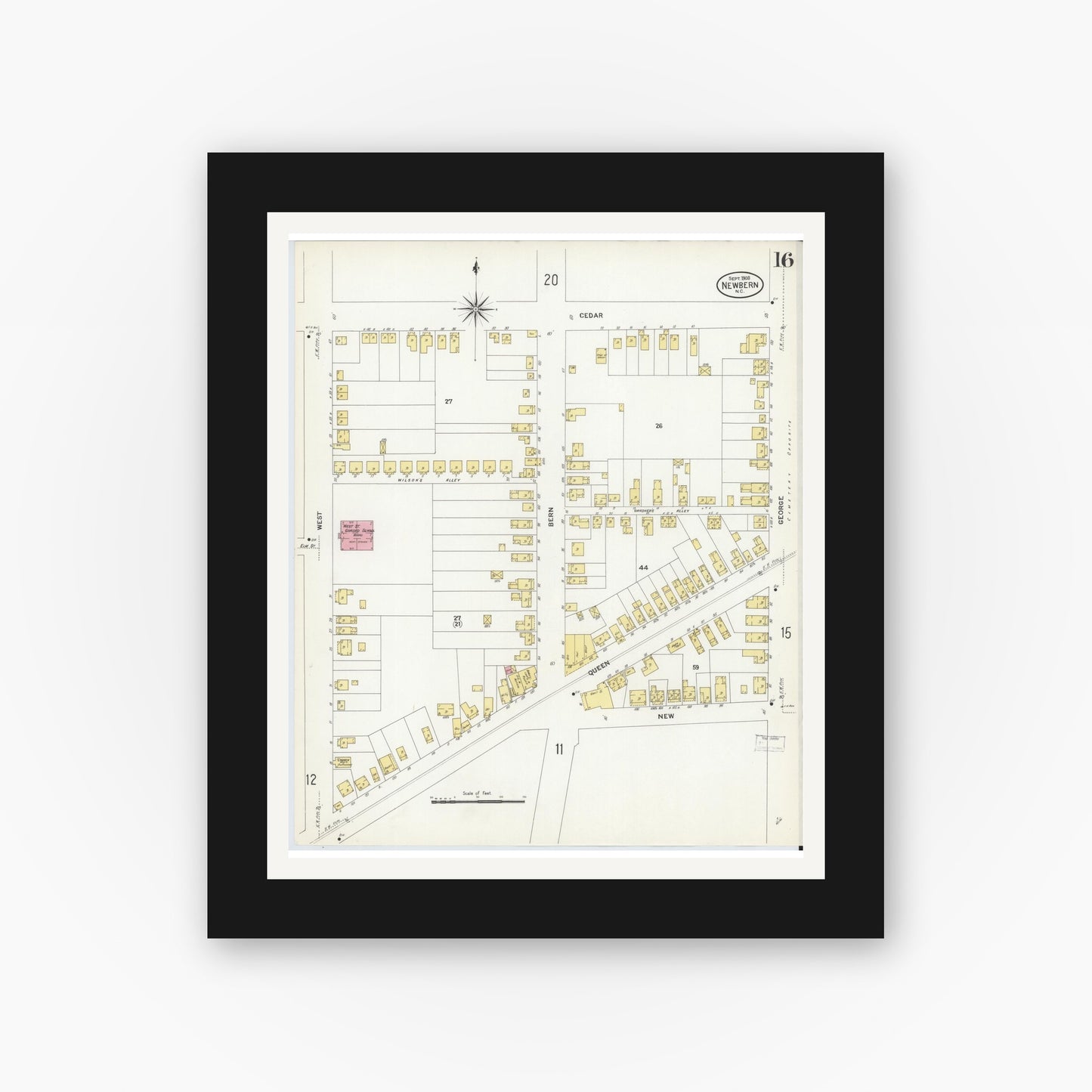 Old map wall art mockup — black gallery frame with white mat — Sanborn Fire Insurance Map from New Bern, Craven County, North Carolina (1908), Sheet #0016