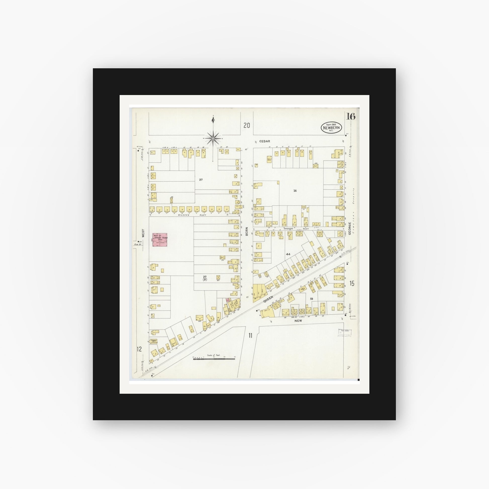 Old map wall art mockup — black gallery frame with white mat — Sanborn Fire Insurance Map from New Bern, Craven County, North Carolina (1908), Sheet #0016