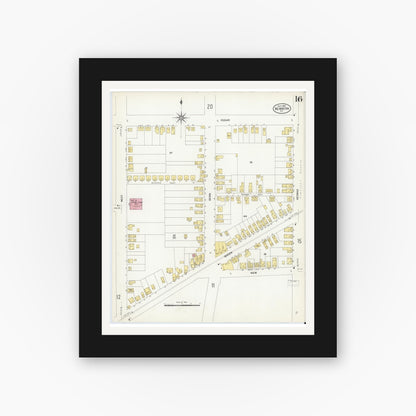 Old map wall art mockup — black gallery frame with white mat — Sanborn Fire Insurance Map from New Bern, Craven County, North Carolina (1908), Sheet #0016