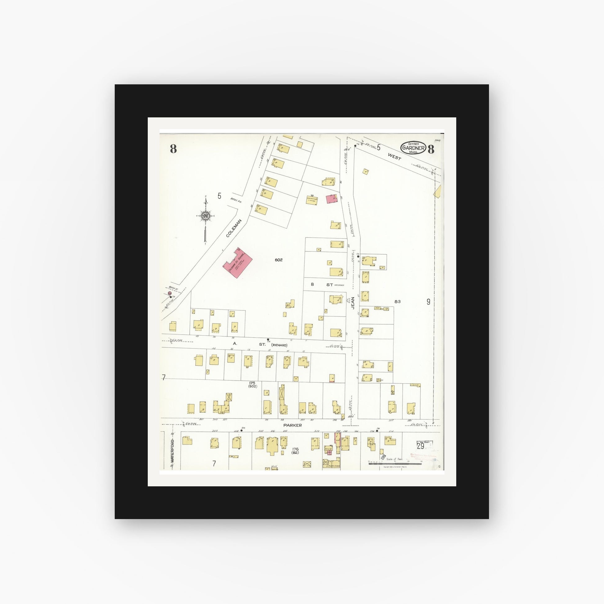 Old map wall art mockup — black gallery frame with white mat — Sanborn Fire Insurance Map from Gardner, Worcester County, Massachusetts (1923), Sheet #0008