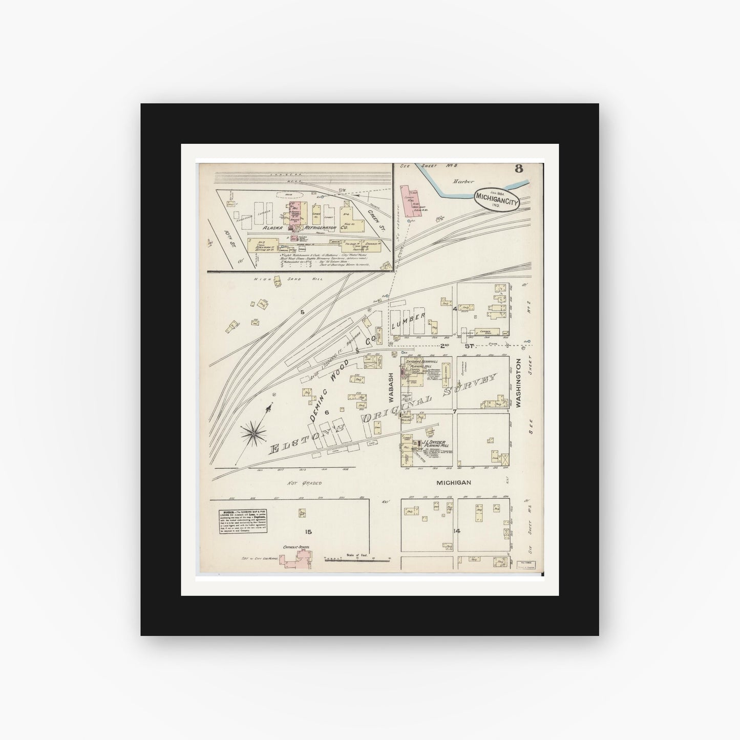 Old map wall art mockup — black gallery frame with white mat — Sanborn Fire Insurance Map from Michigan City, La Porte  County, Indiana (1884), Sheet #0008