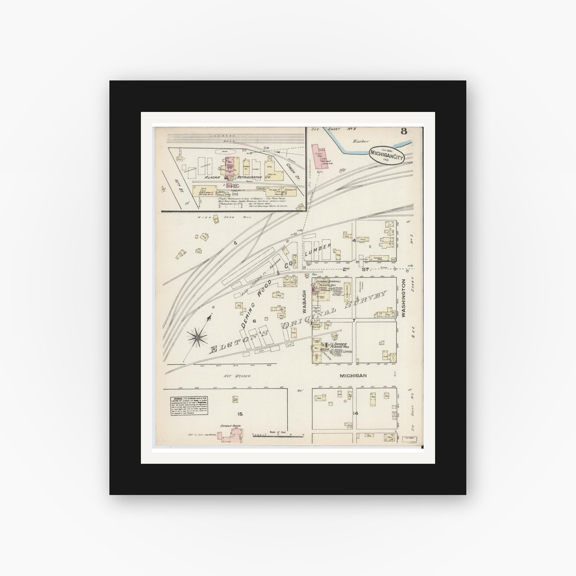Old map wall art mockup — black gallery frame with white mat — Sanborn Fire Insurance Map from Michigan City, La Porte  County, Indiana (1884), Sheet #0008