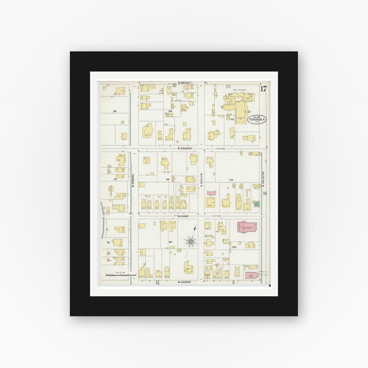 Old map wall art mockup — black gallery frame with white mat — Sanborn Fire Insurance Map from Pensacola, Escambia County, Florida (1897), Sheet #0017