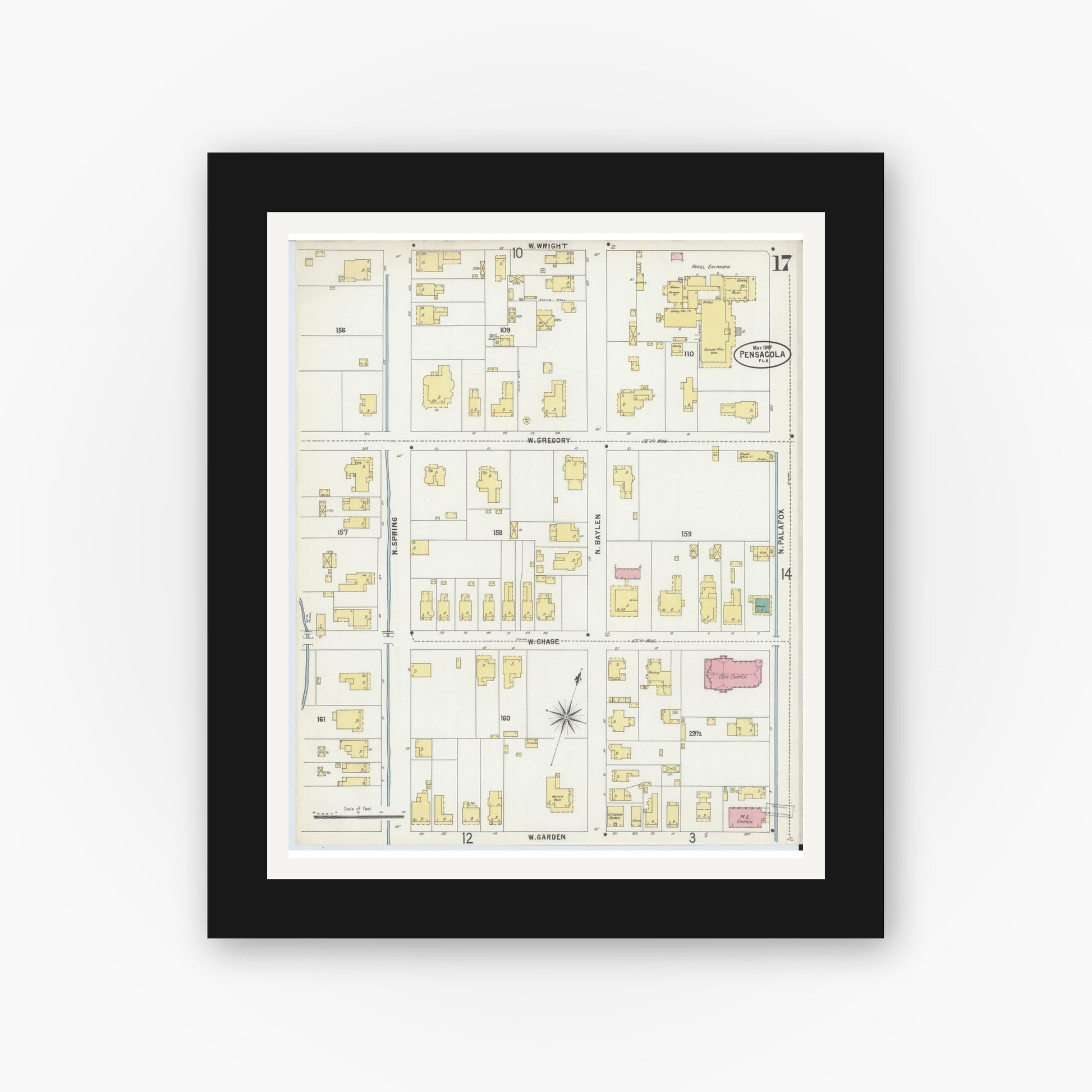 Old map wall art mockup — black gallery frame with white mat — Sanborn Fire Insurance Map from Pensacola, Escambia County, Florida (1897), Sheet #0017