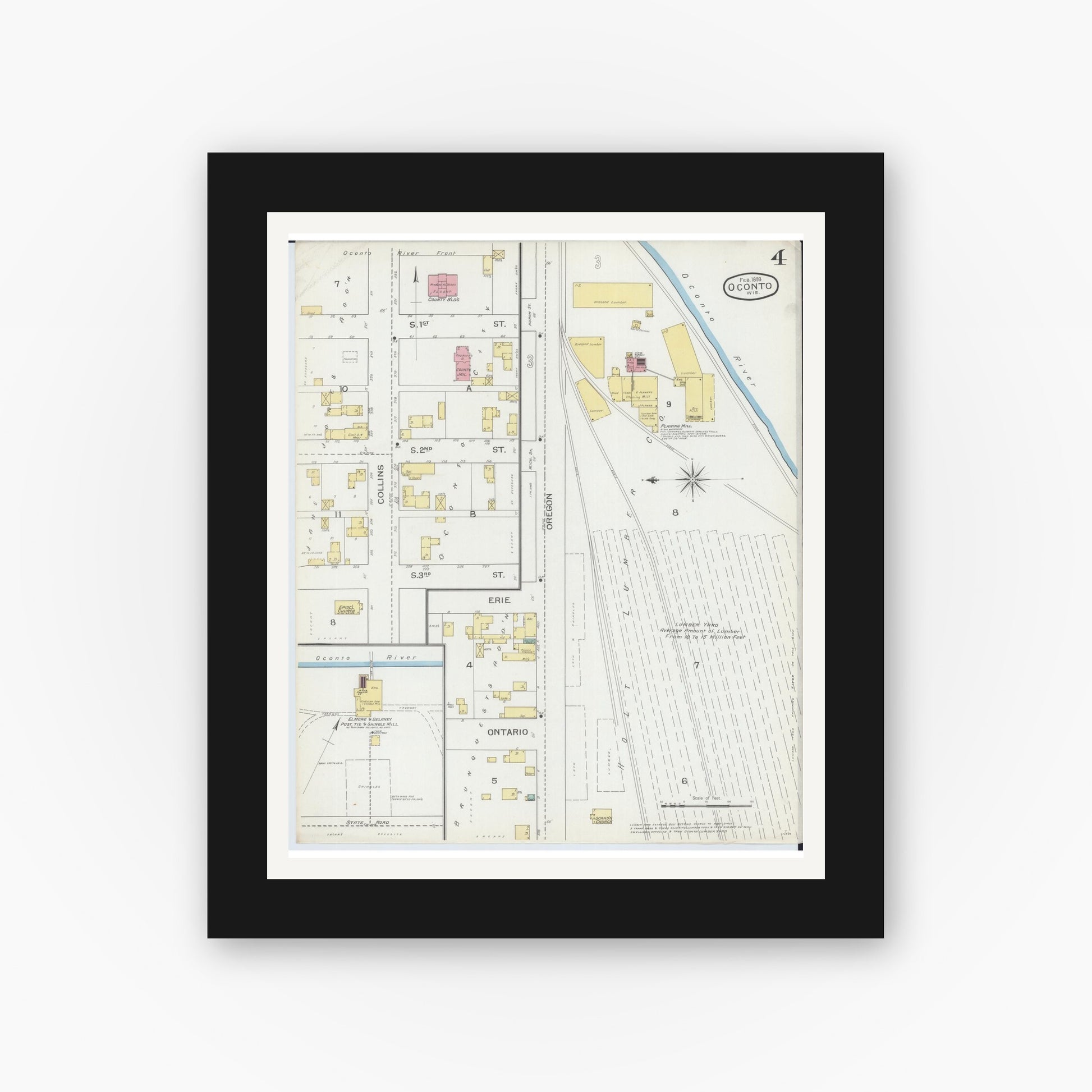 Old map wall art mockup — black gallery frame with white mat — Sanborn Fire Insurance Map from Oconto, Oconto County, Wisconsin (1893), Sheet #0004