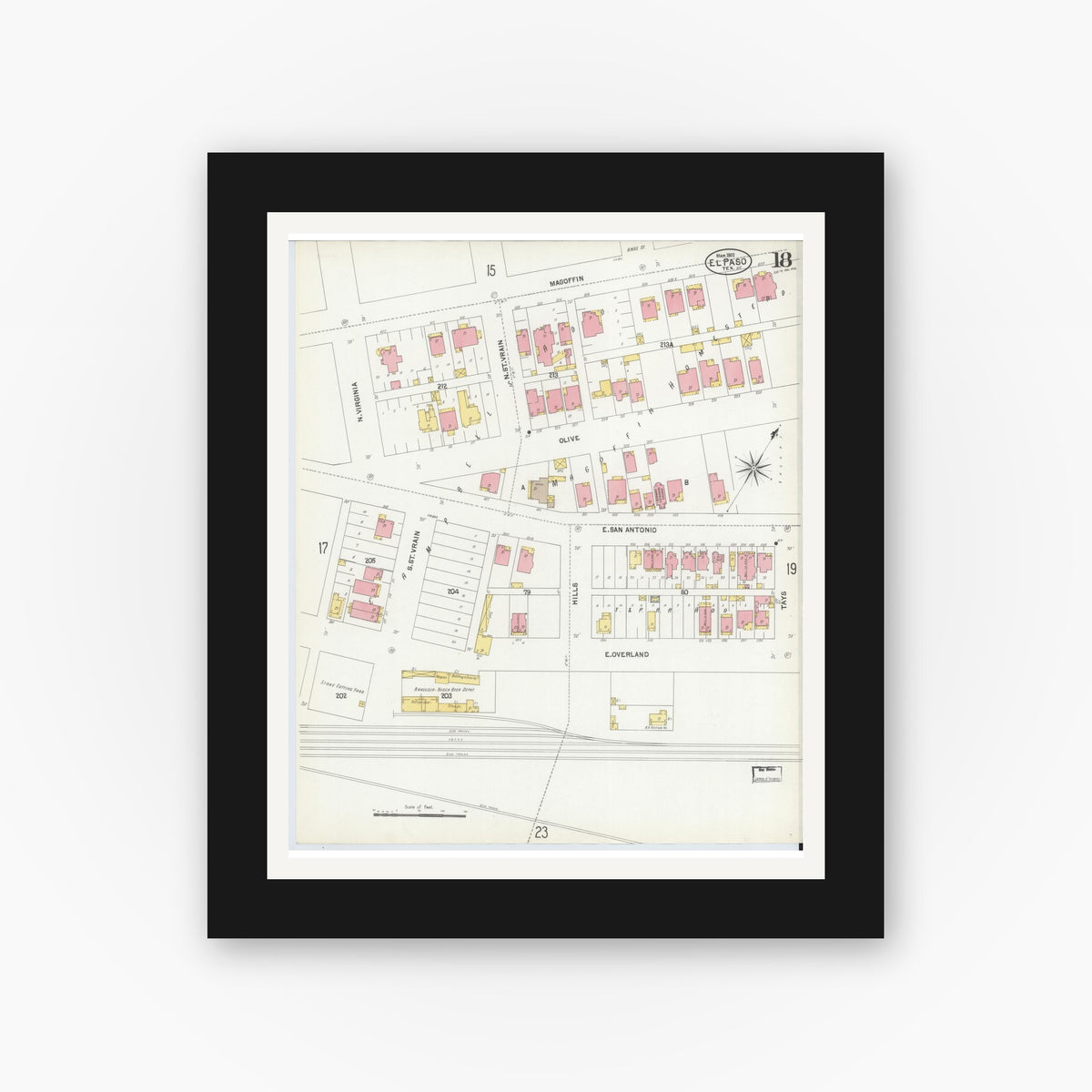 Old map wall art mockup — black gallery frame with white mat — Sanborn Fire Insurance Map from El Paso, El Paso County, Texas (1902), Sheet #0018