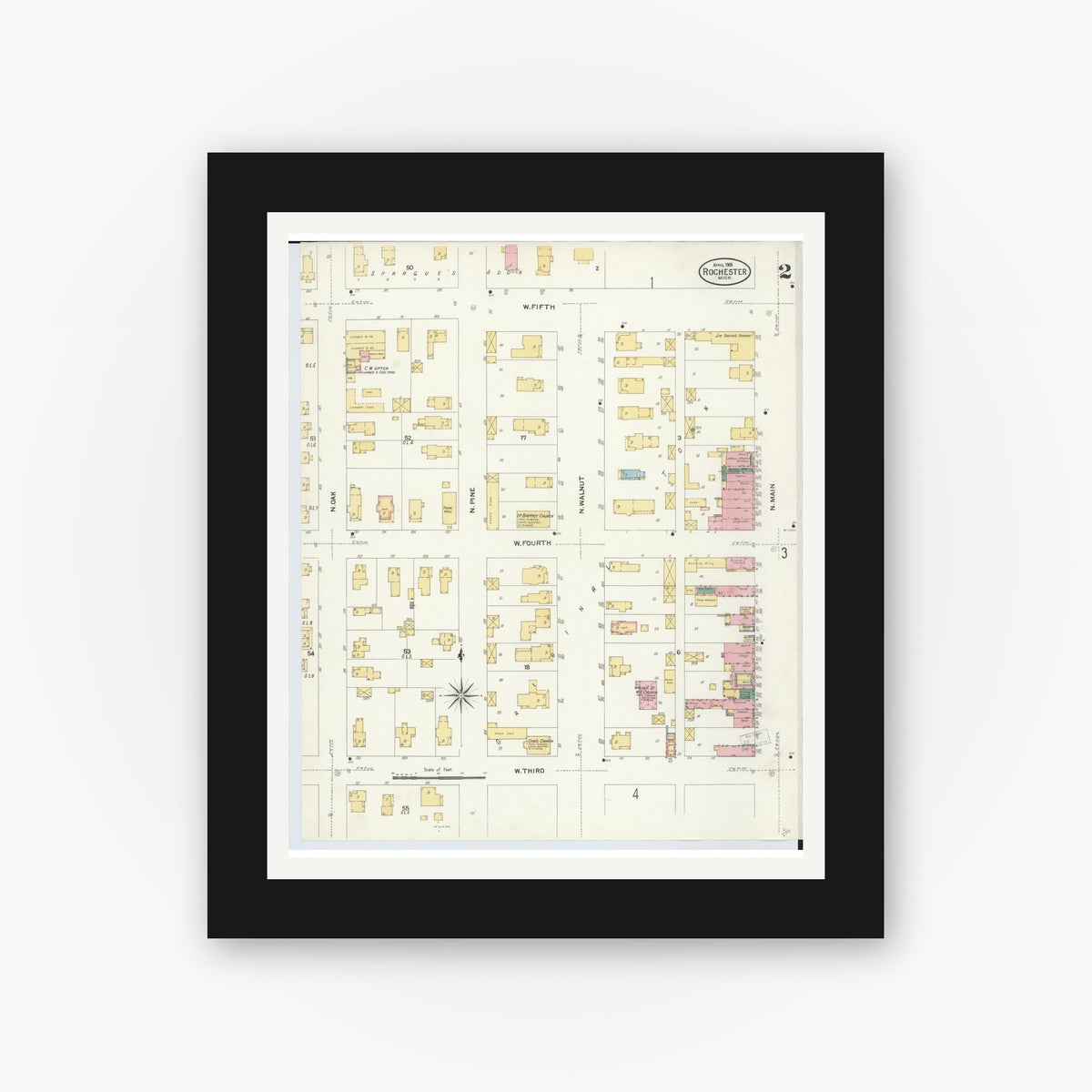 Old map wall art mockup — black gallery frame with white mat — Sanborn Fire Insurance Map from Rochester, Oakland County, Michigan (1908), Sheet #0002