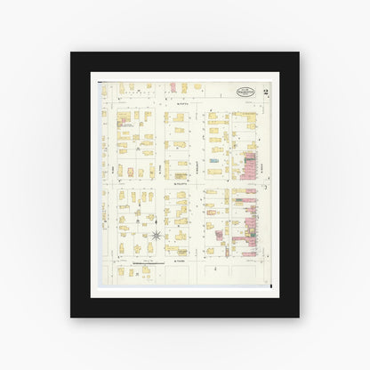 Old map wall art mockup — black gallery frame with white mat — Sanborn Fire Insurance Map from Rochester, Oakland County, Michigan (1908), Sheet #0002