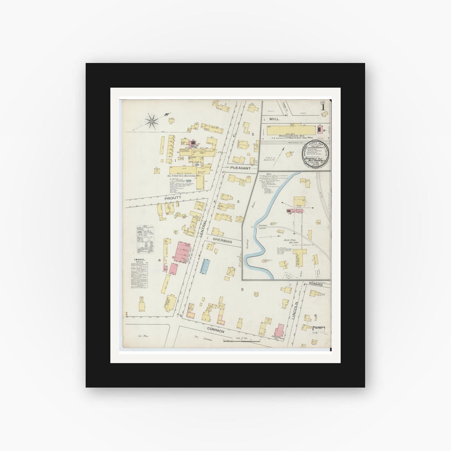 Old map wall art mockup — black gallery frame with white mat — Sanborn Fire Insurance Map from Brookfield, Worcester County, Massachusetts (1893) - Complete Map Set