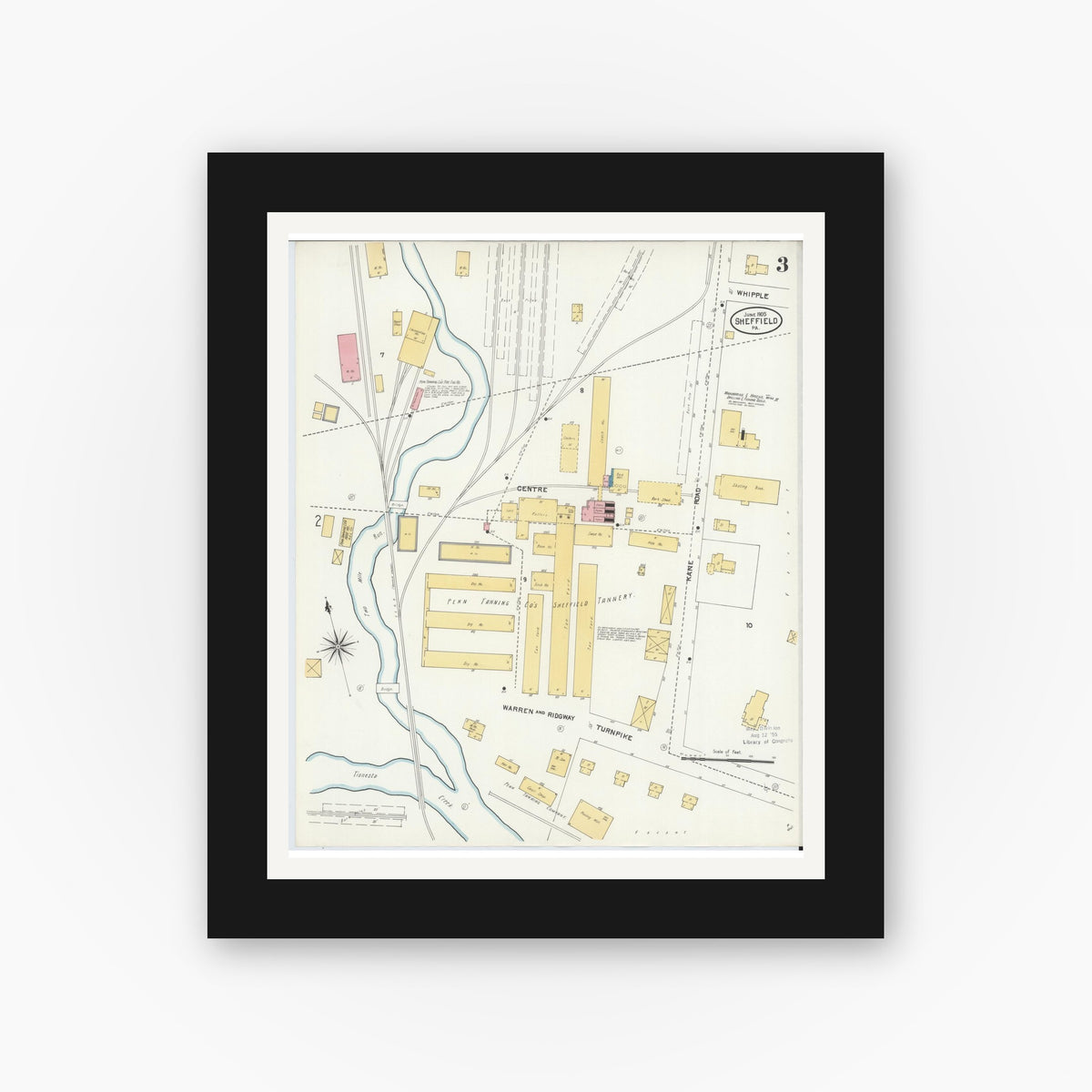 Old map wall art mockup — black gallery frame with white mat — Sanborn Fire Insurance Map from Sheffield, Warren County, Pennsylvania (1905), Sheet #0003