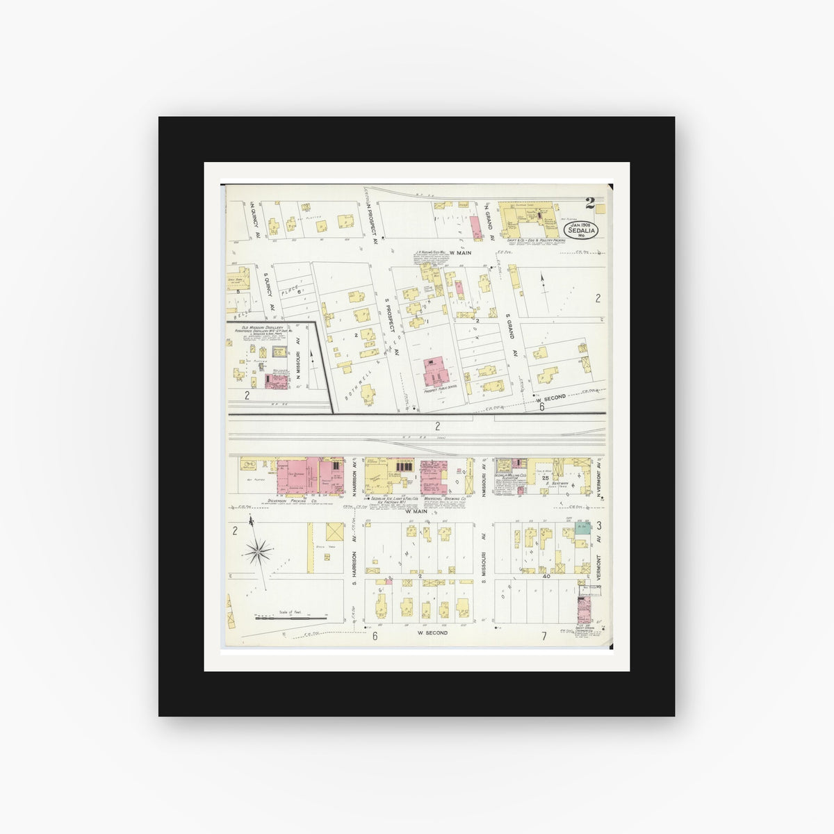 Old map wall art mockup — black gallery frame with white mat — Sanborn Fire Insurance Map from Sedalia, Pettis County, Missouri (1908), Sheet #0002