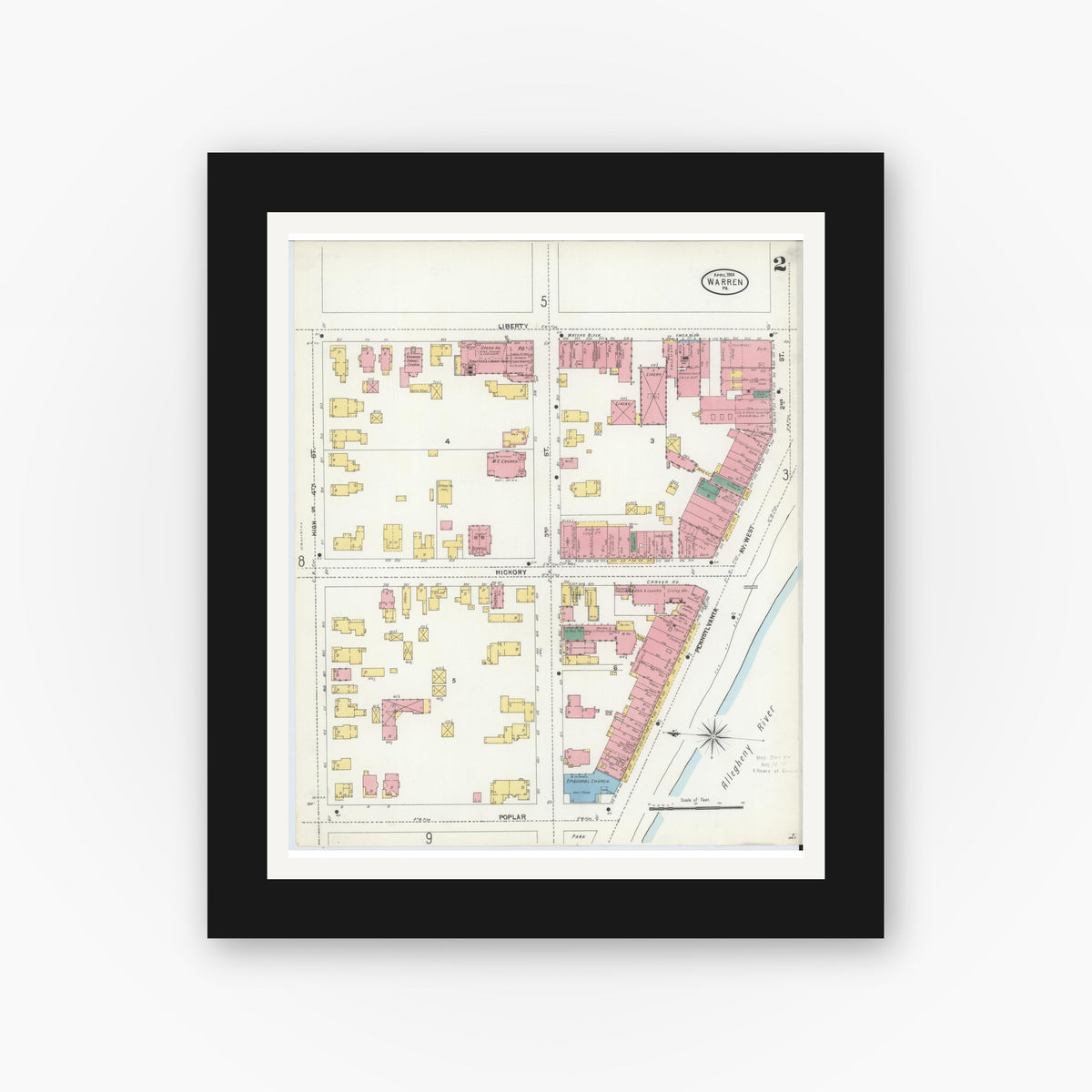 Old map wall art mockup — black gallery frame with white mat — Sanborn Fire Insurance Map from Warren, Warren County, Pennsylvania (1904), Sheet #0002
